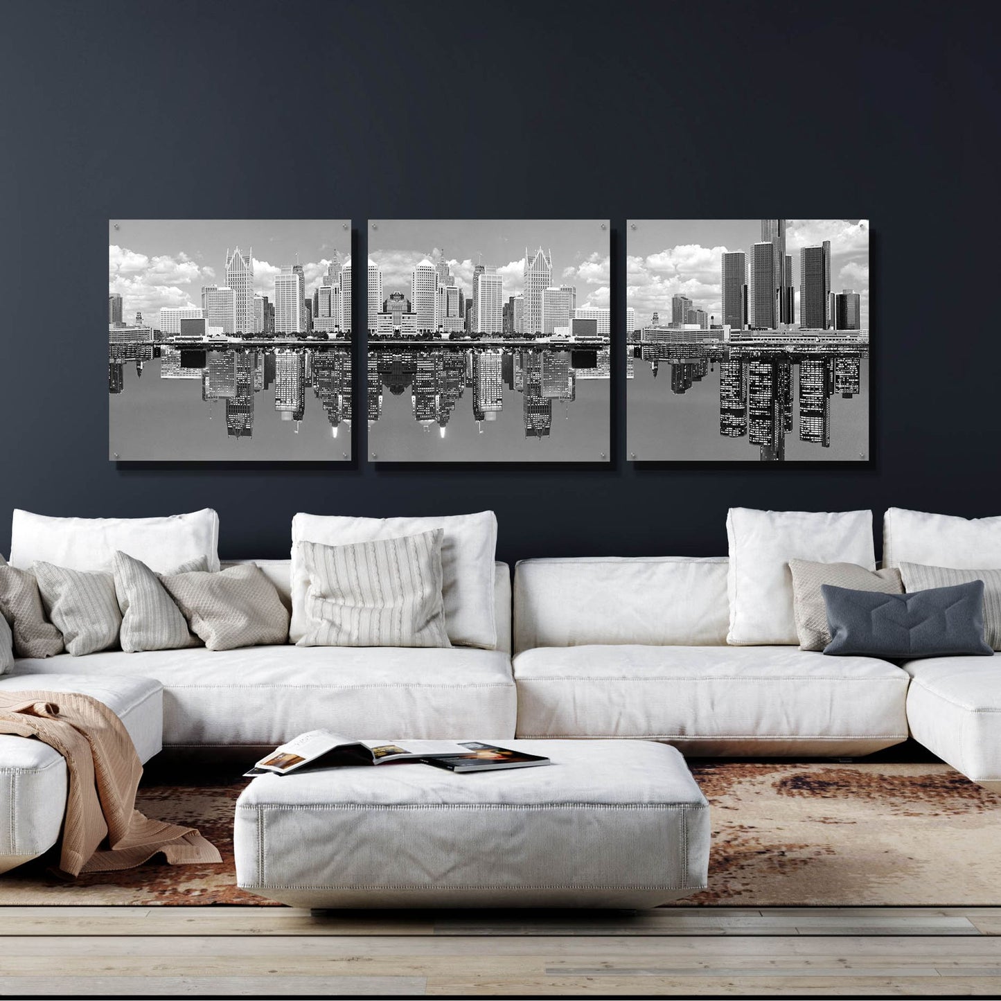 Epic Art 'Detroit Skyline Panorama 2, Michigan' by Monte Nagler, Acrylic Glass Wall Art, 3 Piece Set,108x36