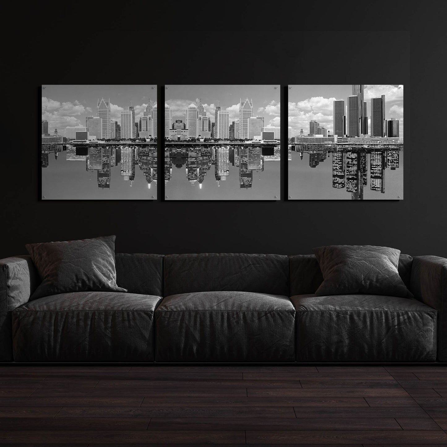 Epic Art 'Detroit Skyline Panorama 2, Michigan' by Monte Nagler, Acrylic Glass Wall Art, 3 Piece Set,108x36