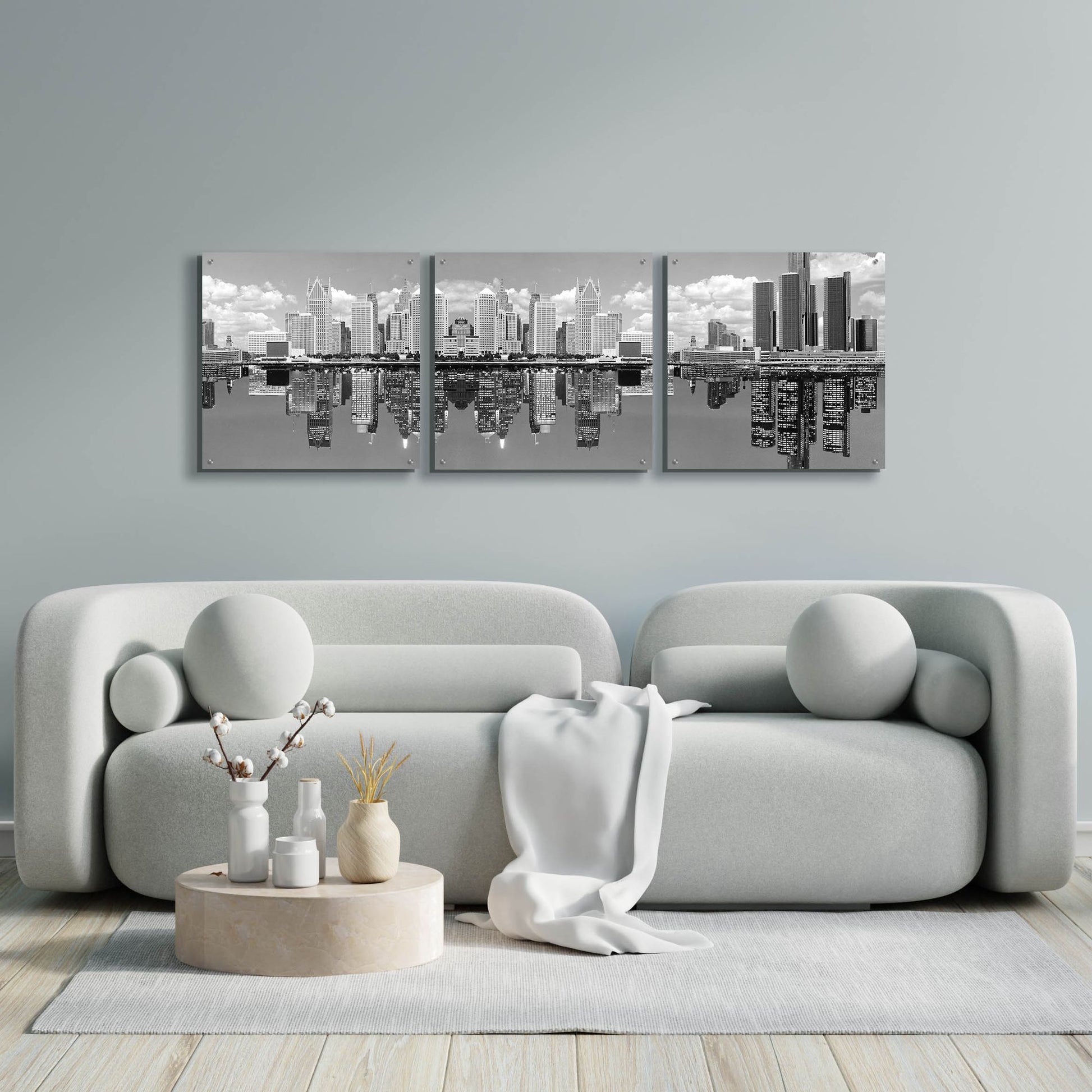 Epic Art 'Detroit Skyline Panorama 2, Michigan' by Monte Nagler, Acrylic Glass Wall Art, 3 Piece Set,72x24