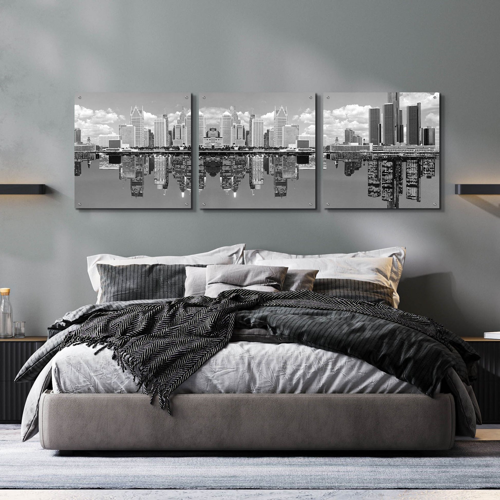 Epic Art 'Detroit Skyline Panorama 2, Michigan' by Monte Nagler, Acrylic Glass Wall Art, 3 Piece Set,72x24