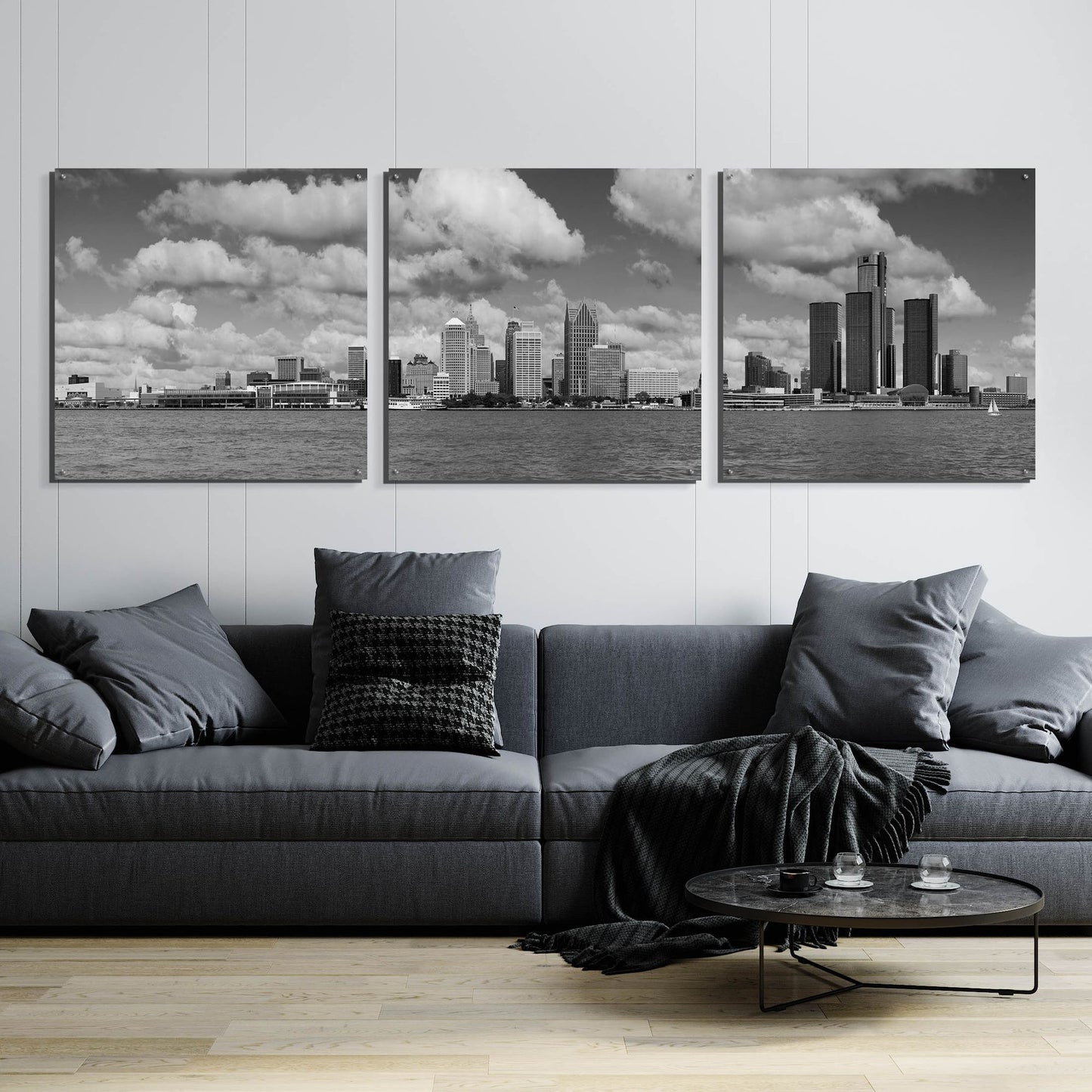 Epic Art 'Detroit Skyline Panorama 4' by Monte Nagler, Acrylic Glass Wall Art, 3 Piece Set,108x36