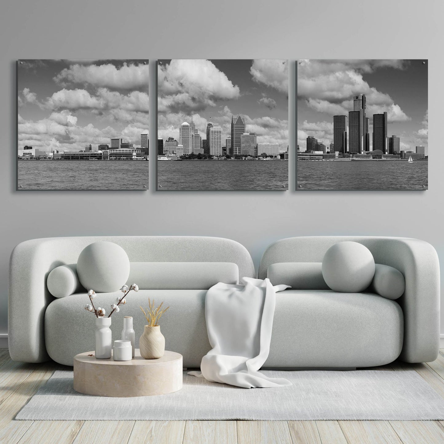 Epic Art 'Detroit Skyline Panorama 4' by Monte Nagler, Acrylic Glass Wall Art, 3 Piece Set,108x36