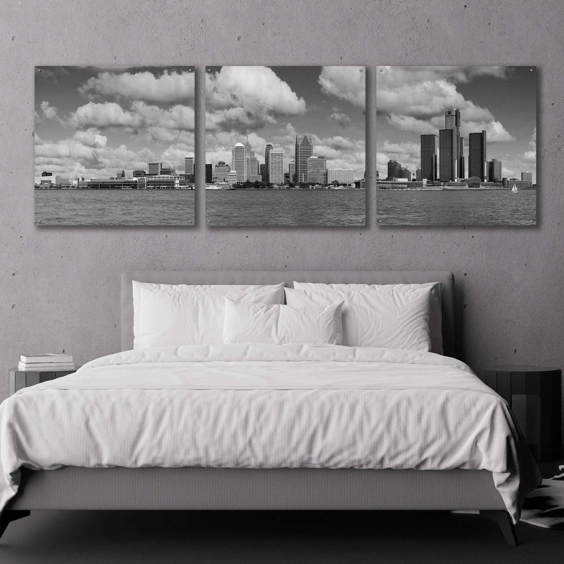 Epic Art 'Detroit Skyline Panorama 4' by Monte Nagler, Acrylic Glass Wall Art, 3 Piece Set,108x36