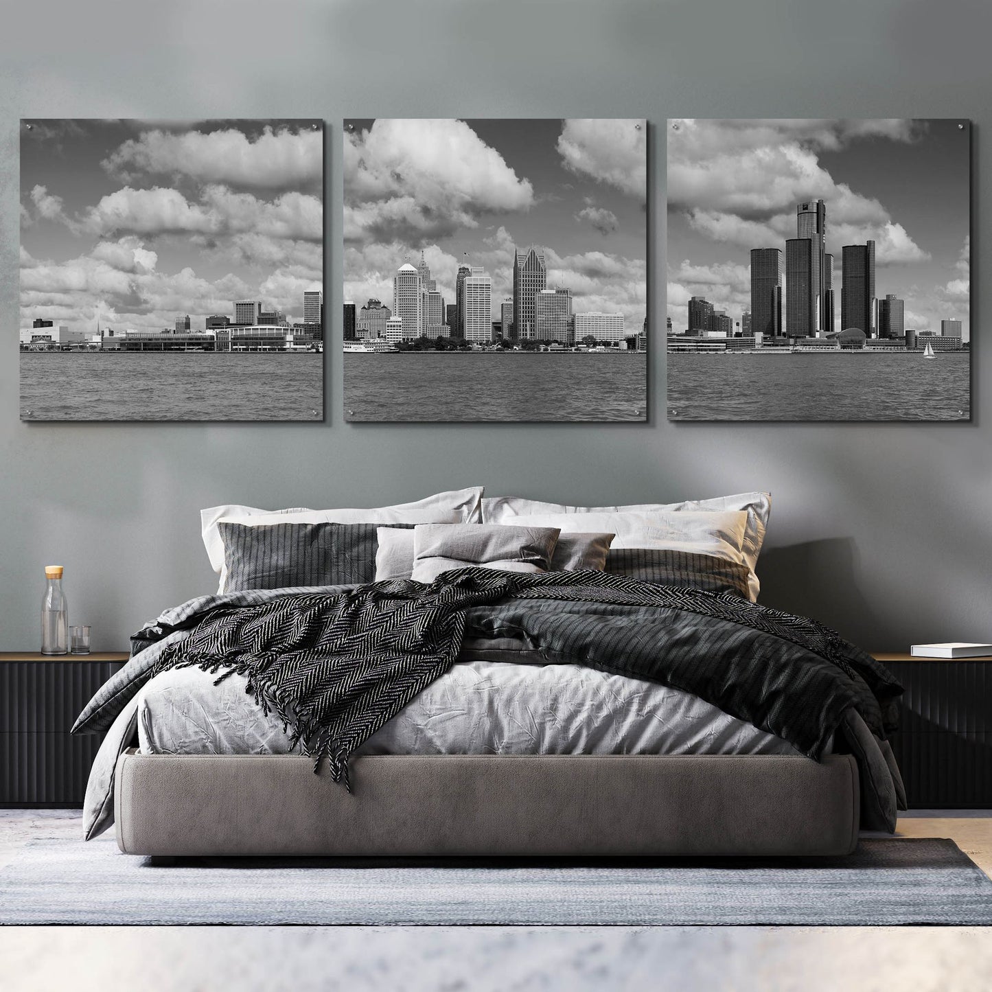 Epic Art 'Detroit Skyline Panorama 4' by Monte Nagler, Acrylic Glass Wall Art, 3 Piece Set,108x36