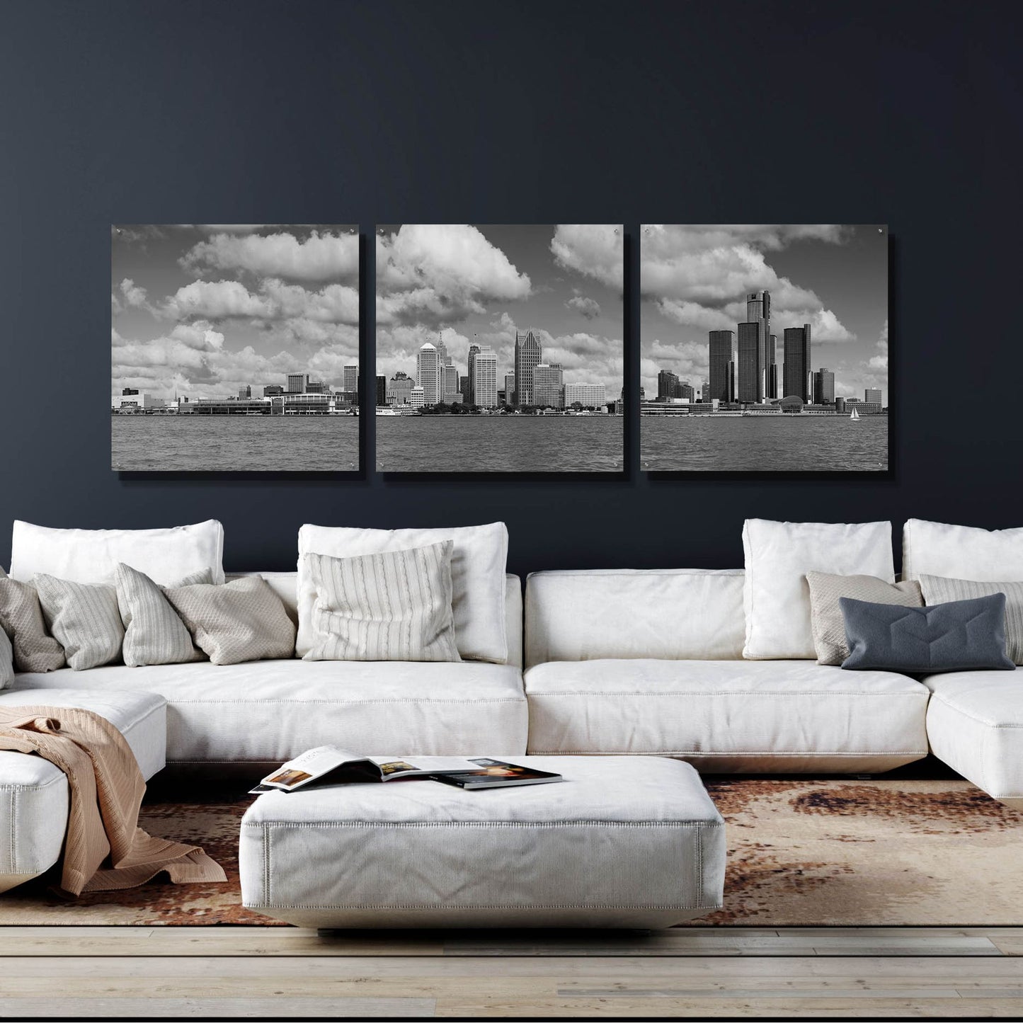 Epic Art 'Detroit Skyline Panorama 4' by Monte Nagler, Acrylic Glass Wall Art, 3 Piece Set,108x36