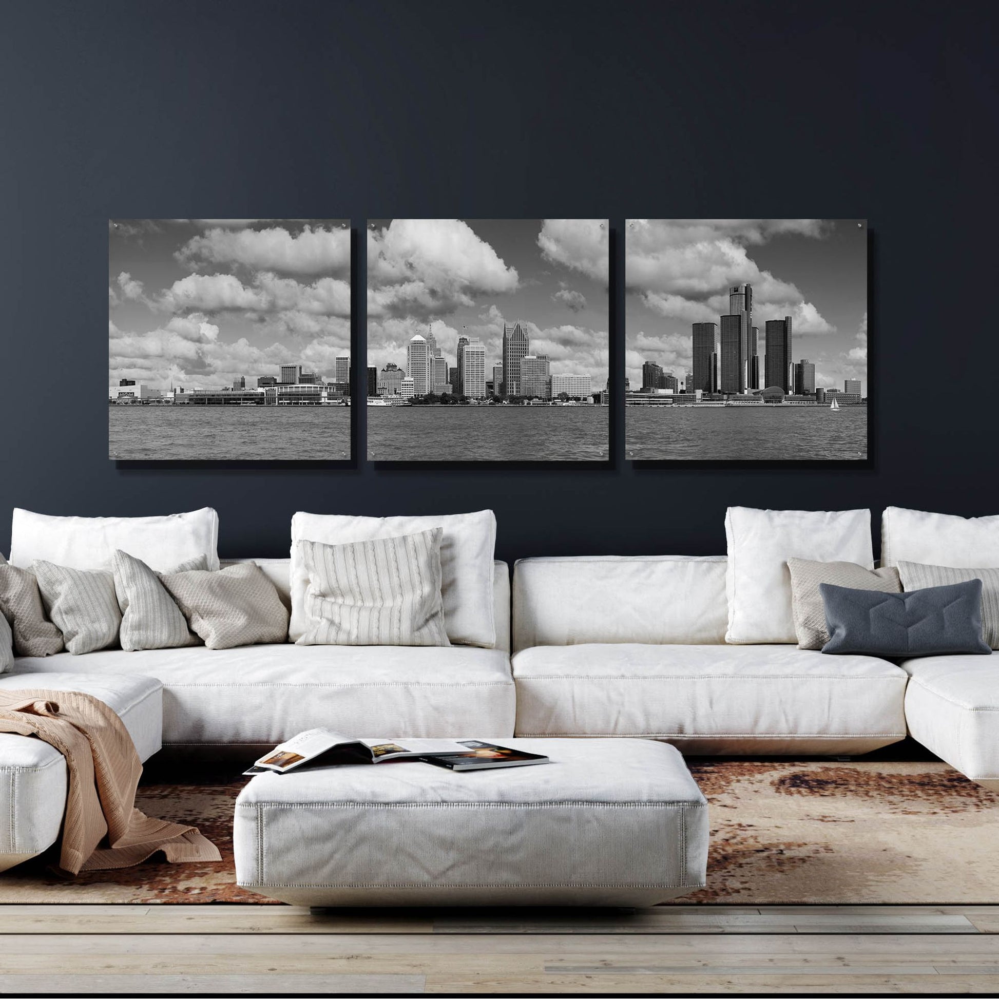 Epic Art 'Detroit Skyline Panorama 4' by Monte Nagler, Acrylic Glass Wall Art, 3 Piece Set,108x36