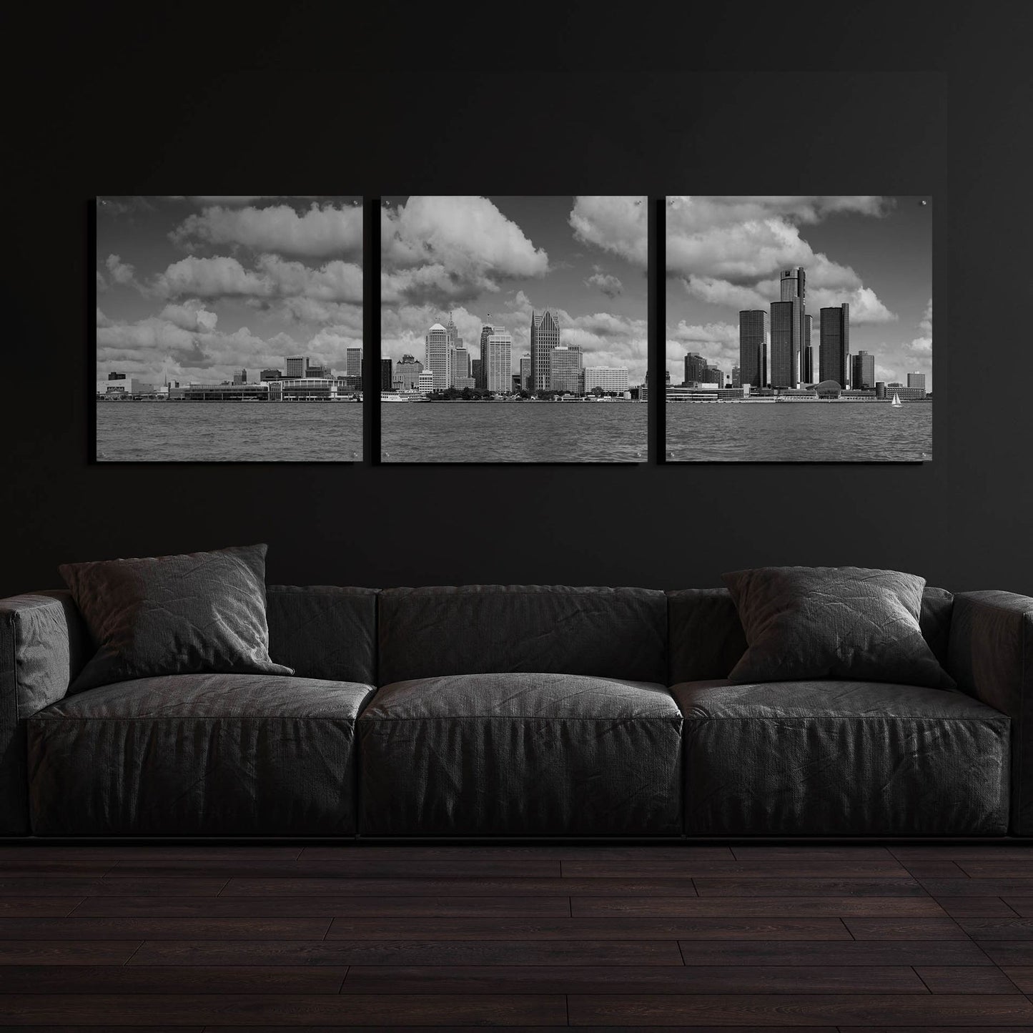 Epic Art 'Detroit Skyline Panorama 4' by Monte Nagler, Acrylic Glass Wall Art, 3 Piece Set,108x36