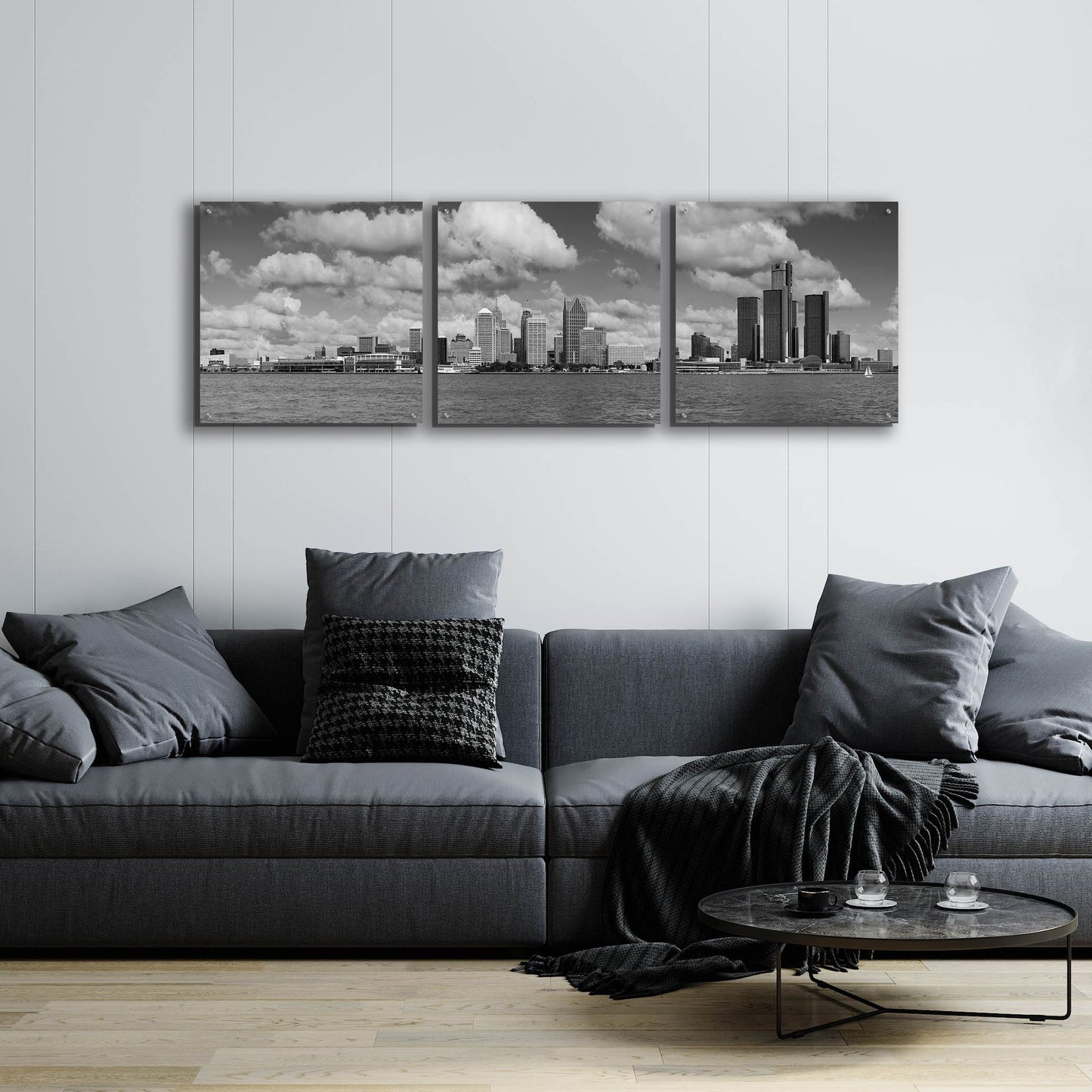 Epic Art 'Detroit Skyline Panorama 4' by Monte Nagler, Acrylic Glass Wall Art, 3 Piece Set,72x24