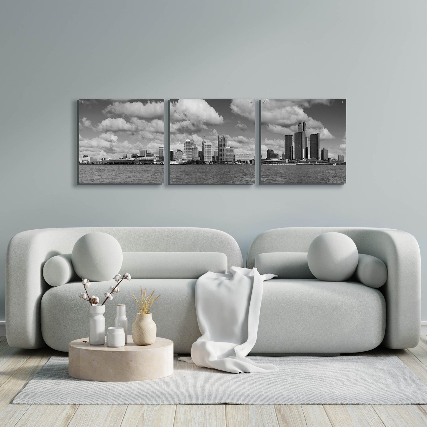 Epic Art 'Detroit Skyline Panorama 4' by Monte Nagler, Acrylic Glass Wall Art, 3 Piece Set,72x24