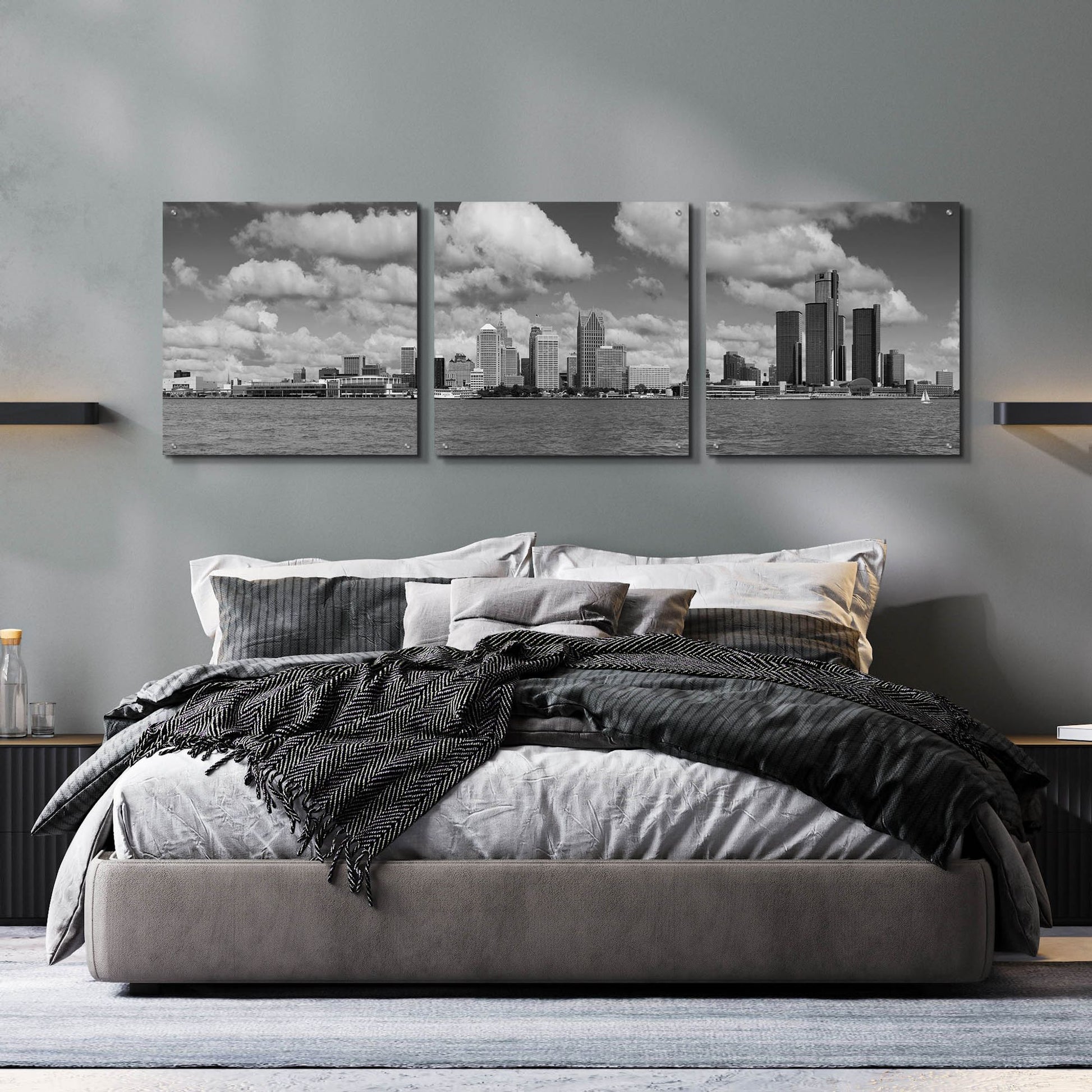 Epic Art 'Detroit Skyline Panorama 4' by Monte Nagler, Acrylic Glass Wall Art, 3 Piece Set,72x24