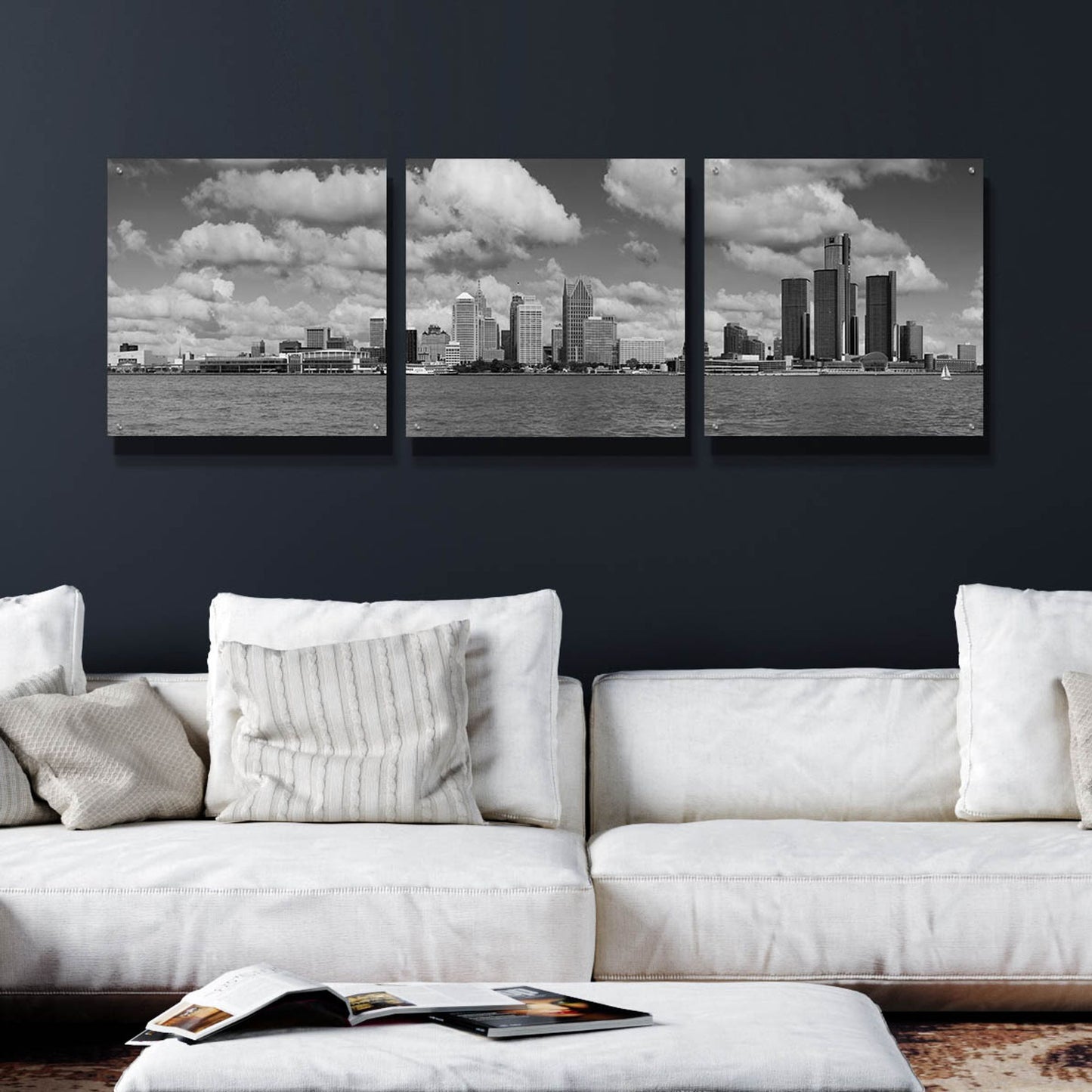 Epic Art 'Detroit Skyline Panorama 4' by Monte Nagler, Acrylic Glass Wall Art, 3 Piece Set,72x24