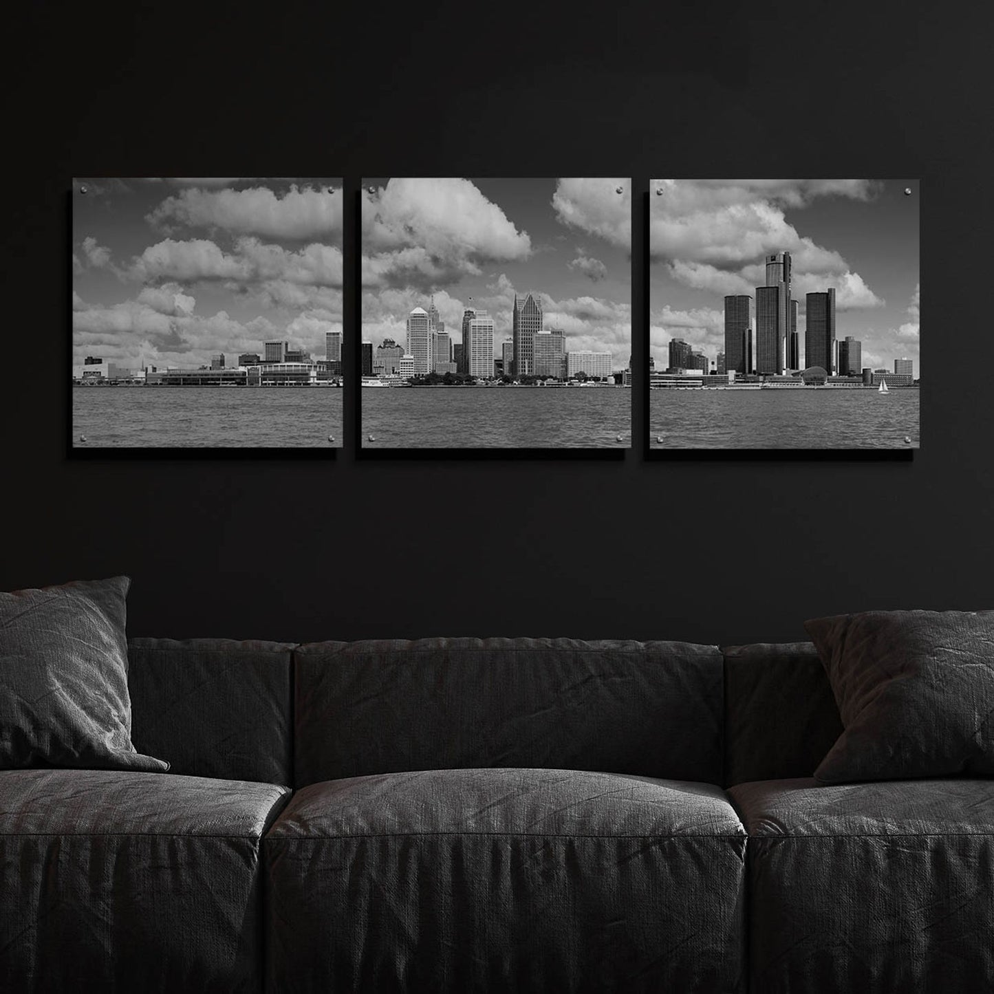 Epic Art 'Detroit Skyline Panorama 4' by Monte Nagler, Acrylic Glass Wall Art, 3 Piece Set,72x24