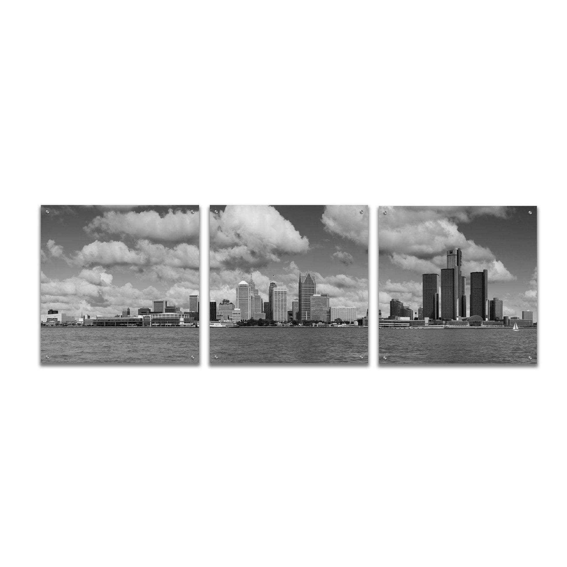 Epic Art 'Detroit Skyline Panorama 4' by Monte Nagler, Acrylic Glass Wall Art, 3 Piece Set