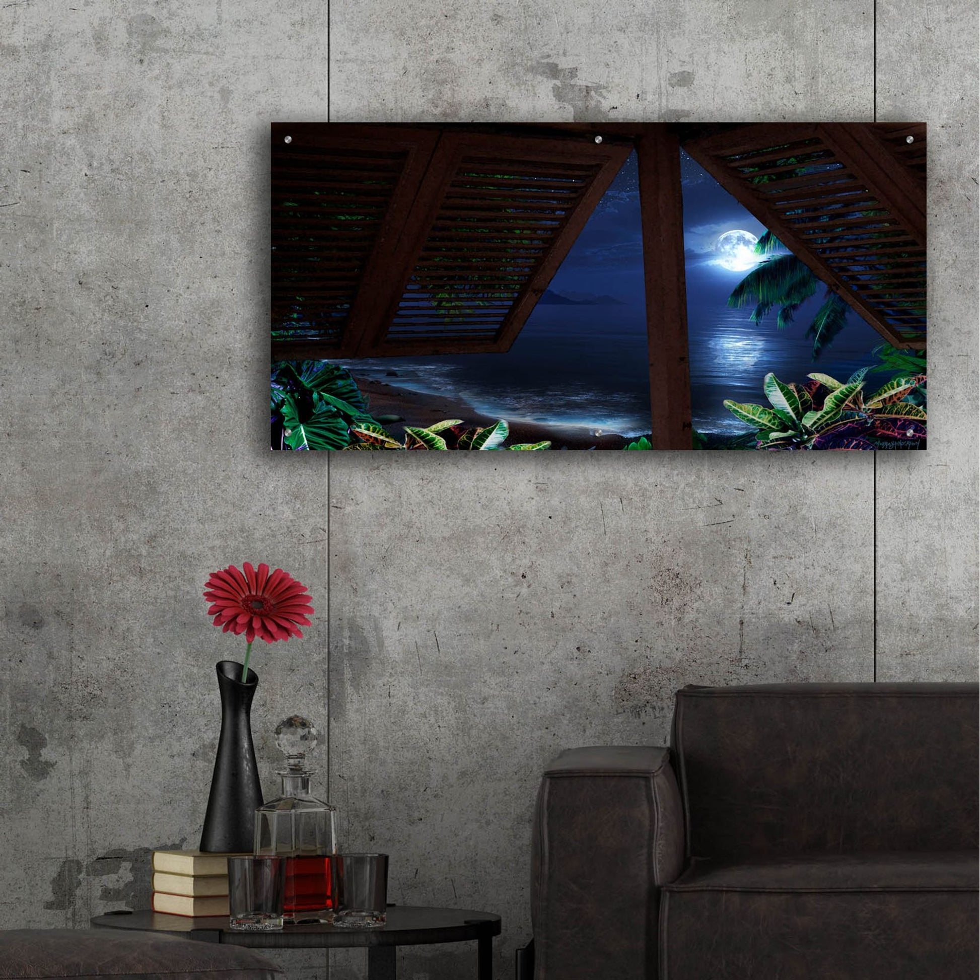 Epic Art 'Tropical Dream Moon View' by Murray Henderson Fine Art, Acrylic Glass Wall Art,48x24