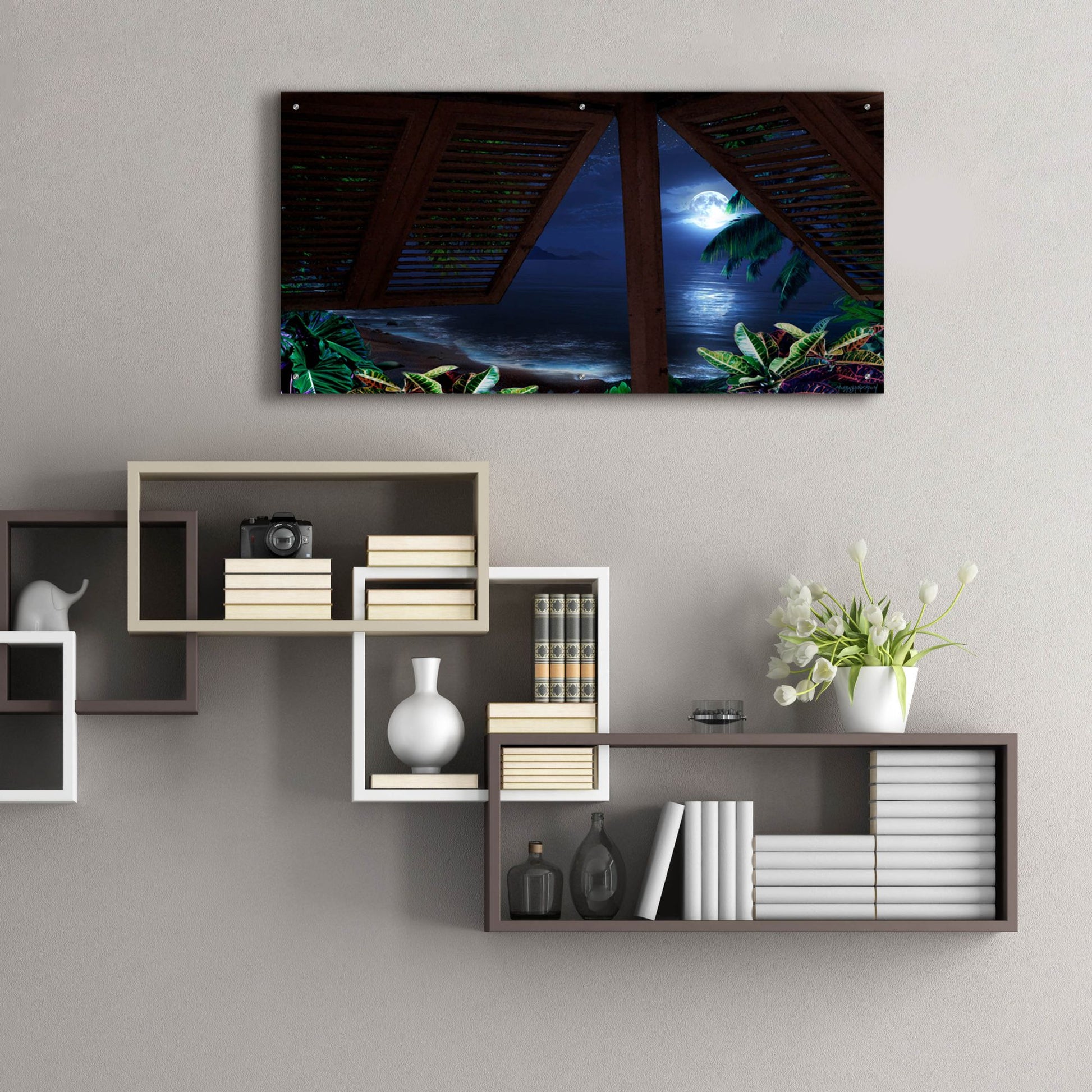 Epic Art 'Tropical Dream Moon View' by Murray Henderson Fine Art, Acrylic Glass Wall Art,48x24