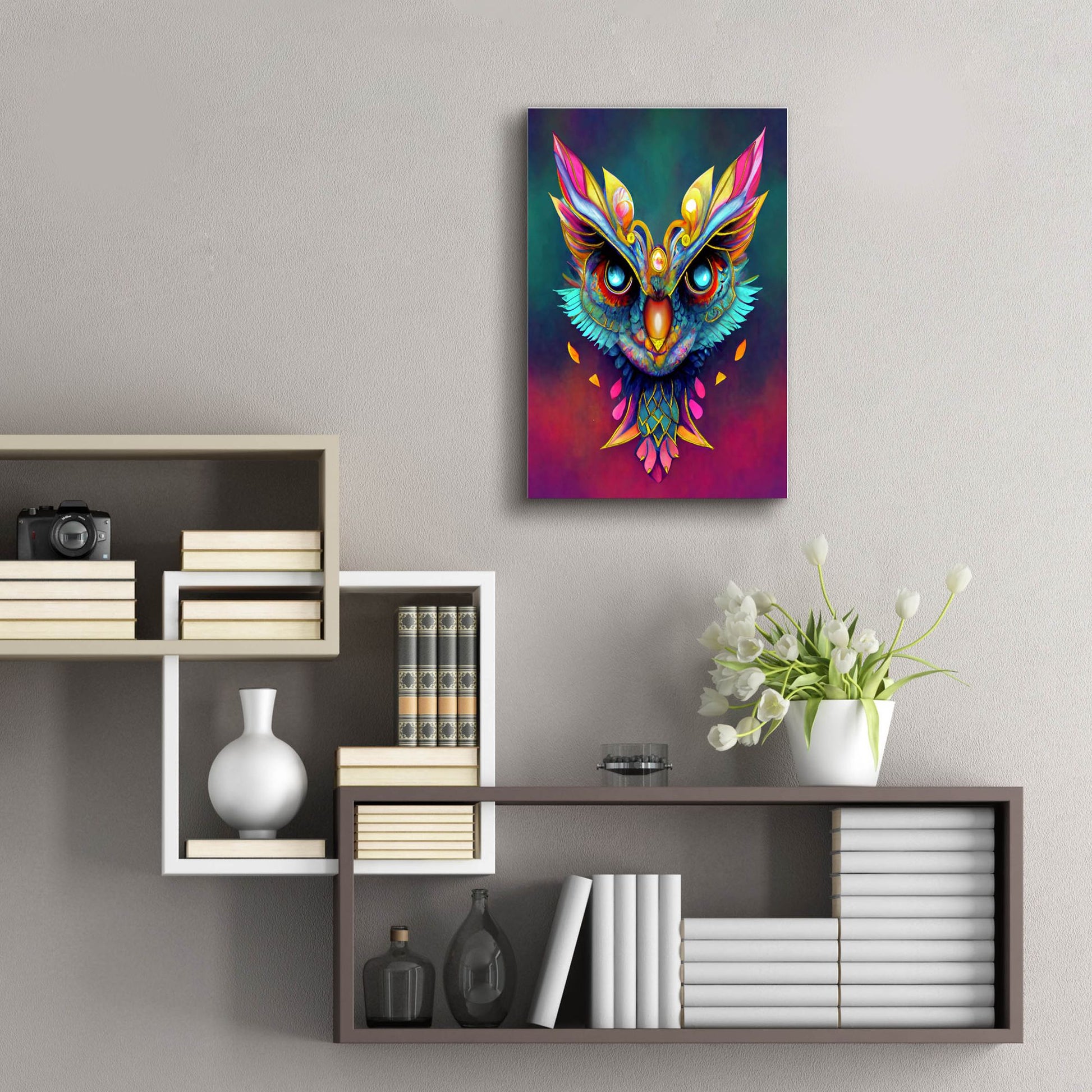 Epic Art 'Fantasy Owls 3' by Romantz Art, Acrylic Glass Wall Art,16x24