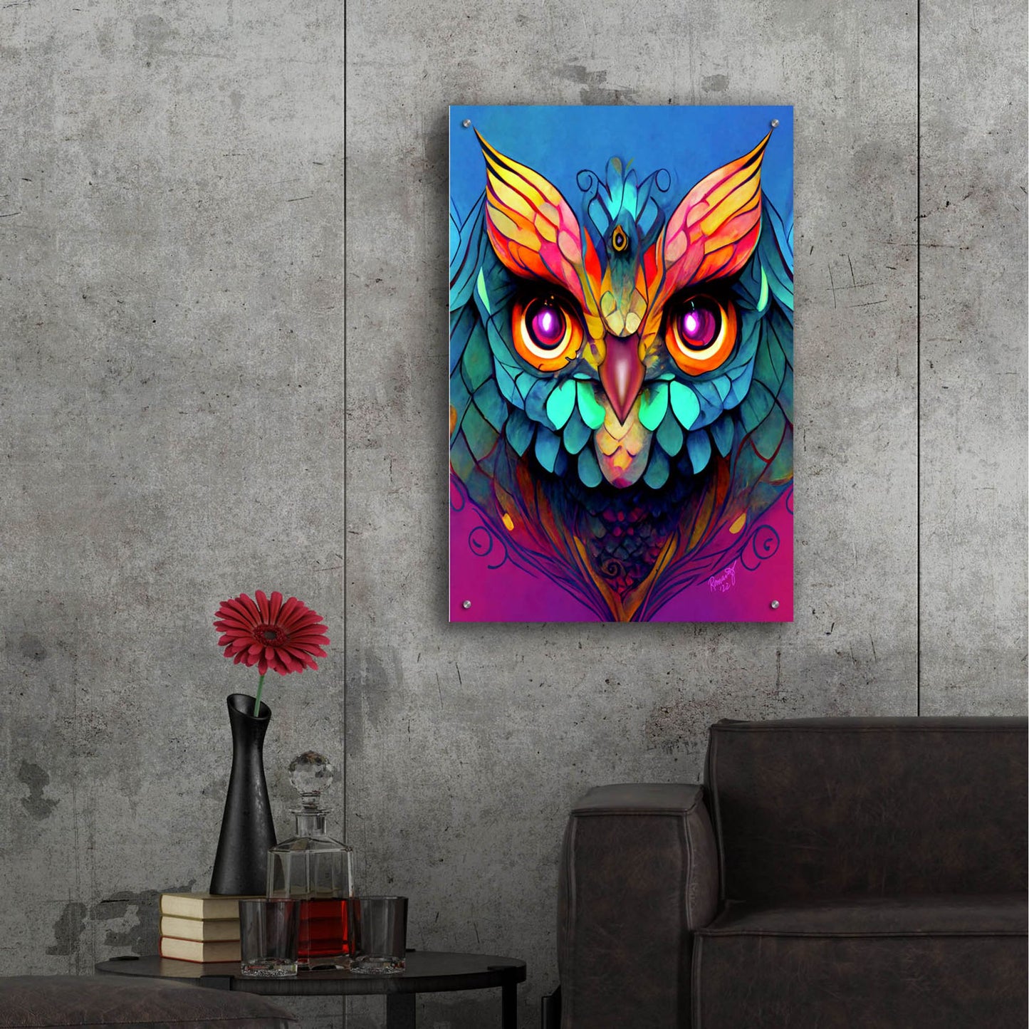 Epic Art 'Fantasy Owls 5' by Romantz Art, Acrylic Glass Wall Art,24x36