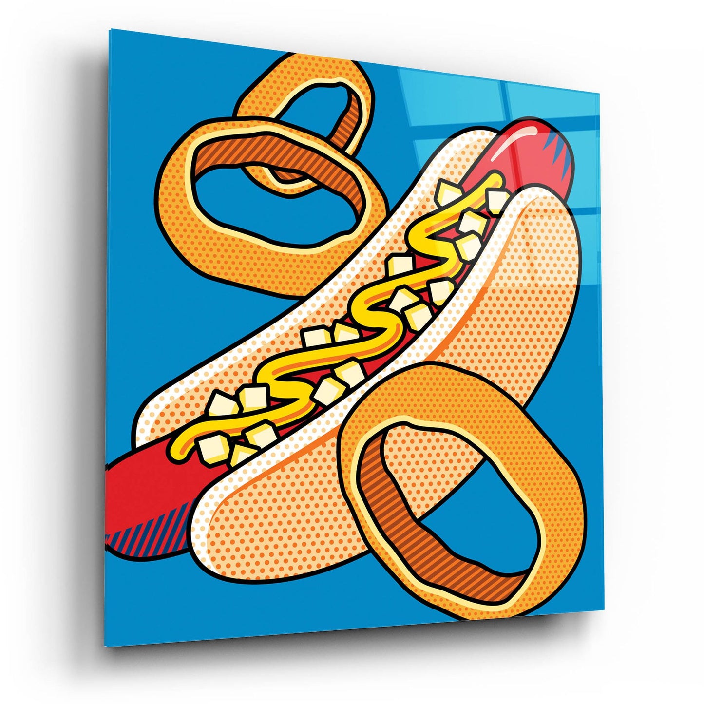 Epic Art 'Hot Dog Onion Rings On Blue' by Ron Magnes, Acrylic Glass Wall Art,12x12