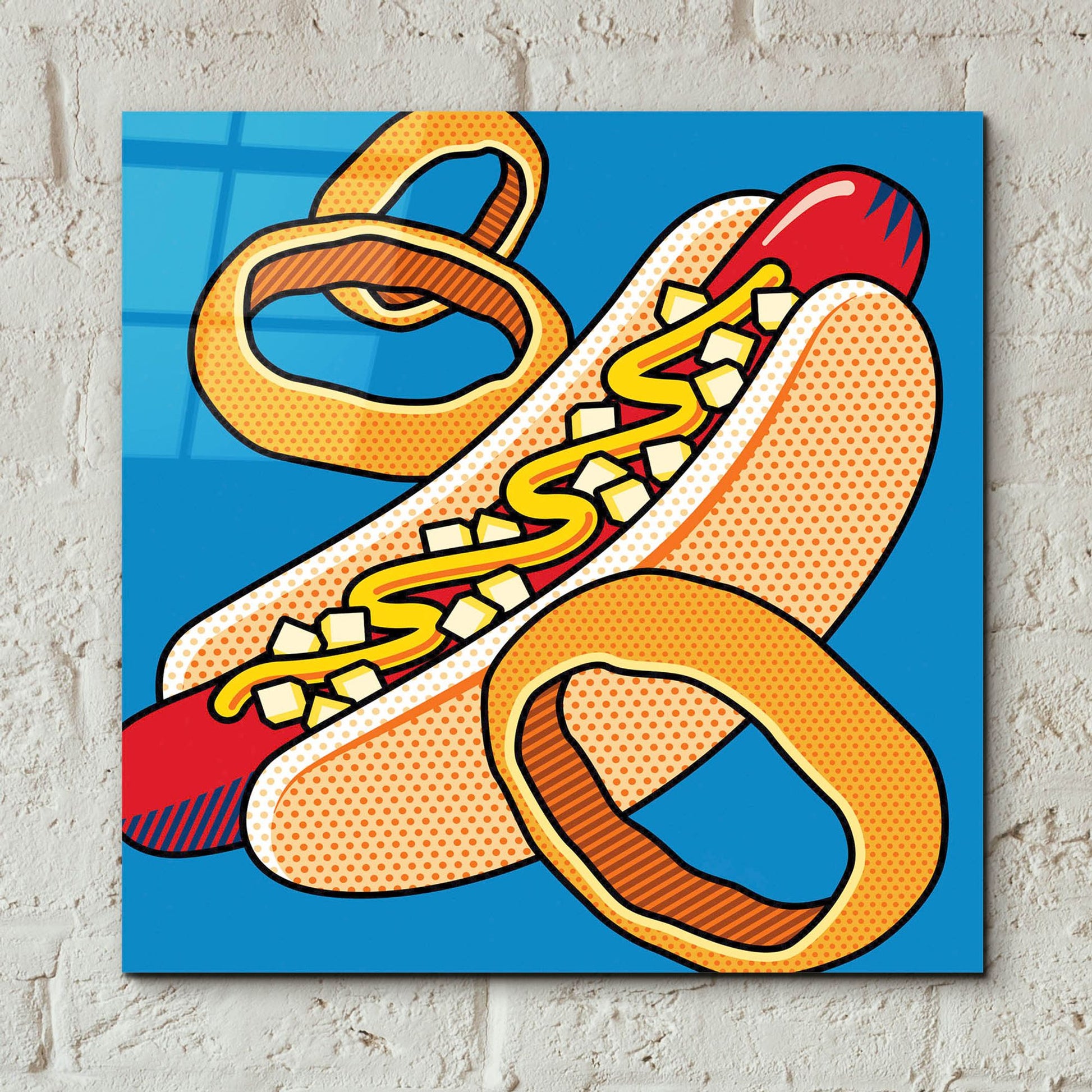 Epic Art 'Hot Dog Onion Rings On Blue' by Ron Magnes, Acrylic Glass Wall Art,12x12
