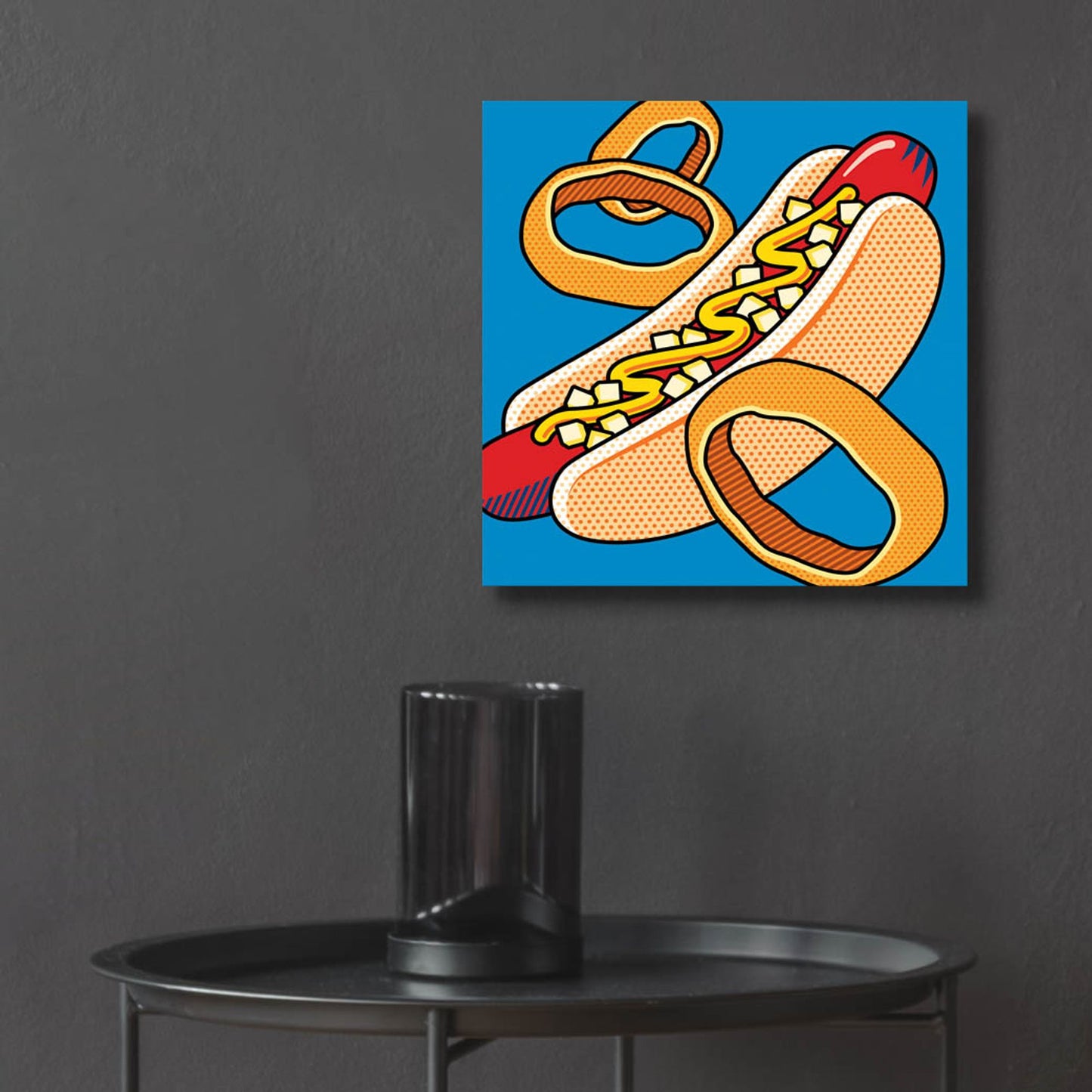 Epic Art 'Hot Dog Onion Rings On Blue' by Ron Magnes, Acrylic Glass Wall Art,12x12