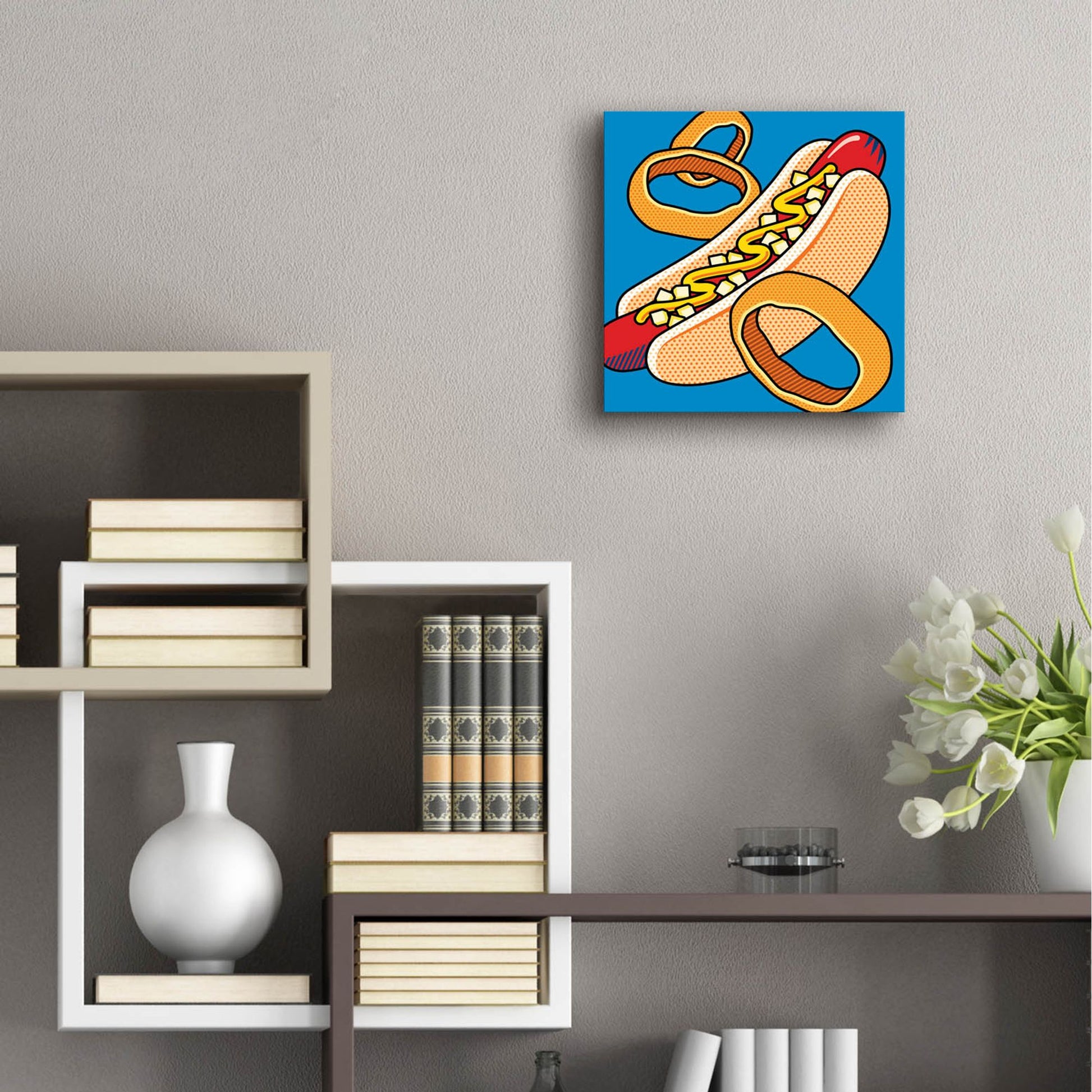 Epic Art 'Hot Dog Onion Rings On Blue' by Ron Magnes, Acrylic Glass Wall Art,12x12