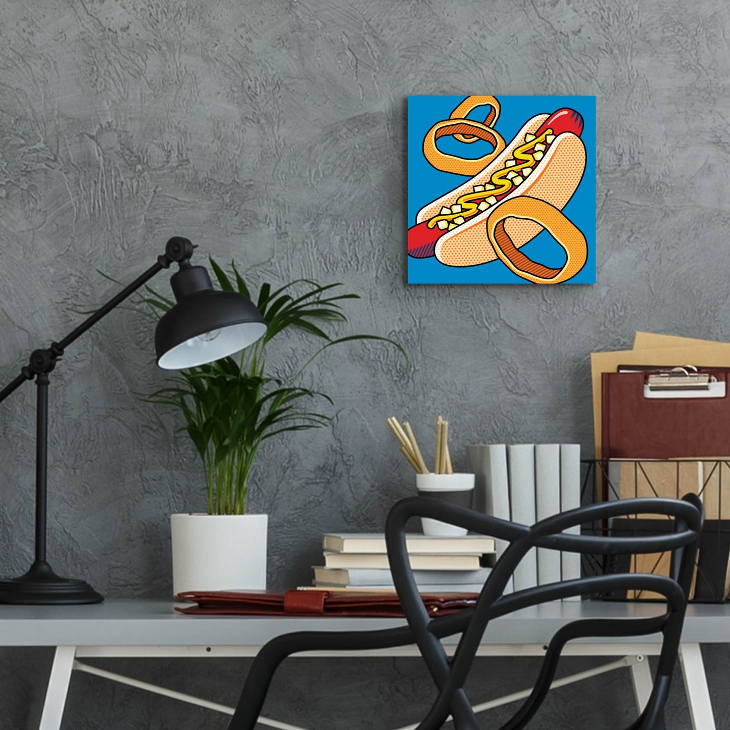 Epic Art 'Hot Dog Onion Rings On Blue' by Ron Magnes, Acrylic Glass Wall Art,12x12