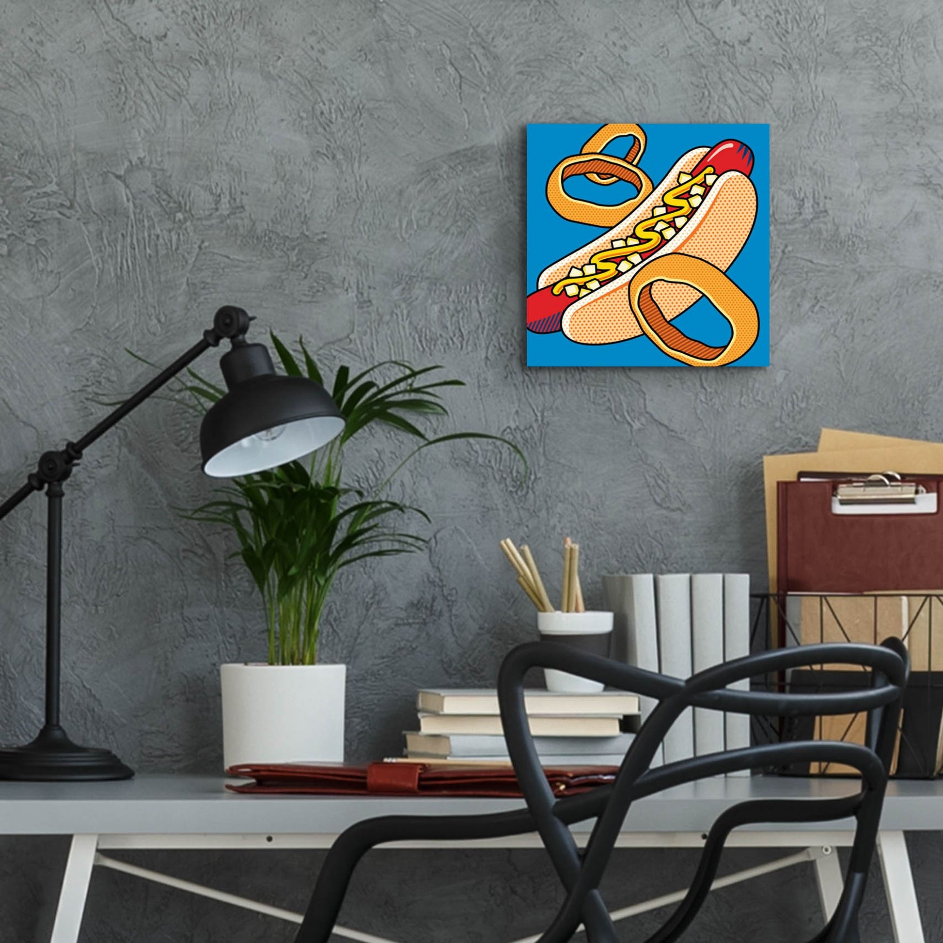 Epic Art 'Hot Dog Onion Rings On Blue' by Ron Magnes, Acrylic Glass Wall Art,12x12