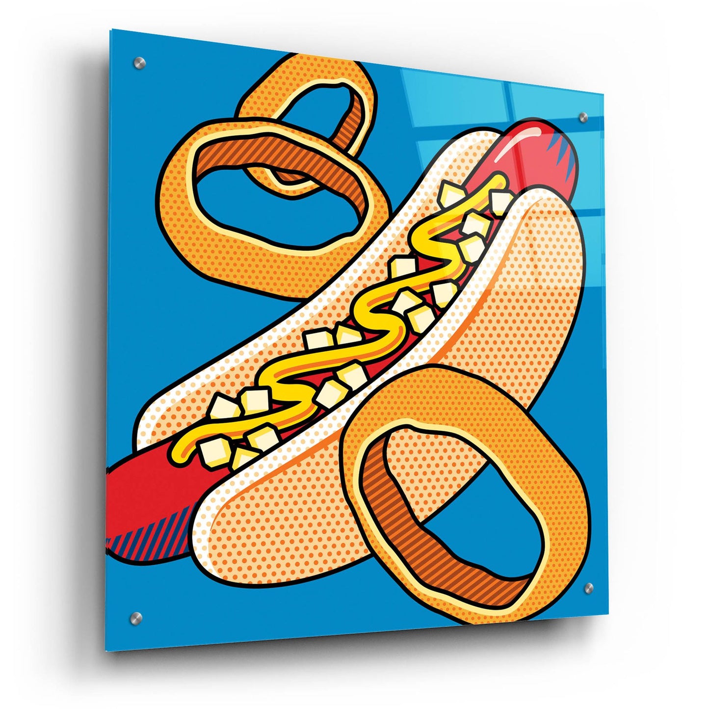 Epic Art 'Hot Dog Onion Rings On Blue' by Ron Magnes, Acrylic Glass Wall Art,24x24