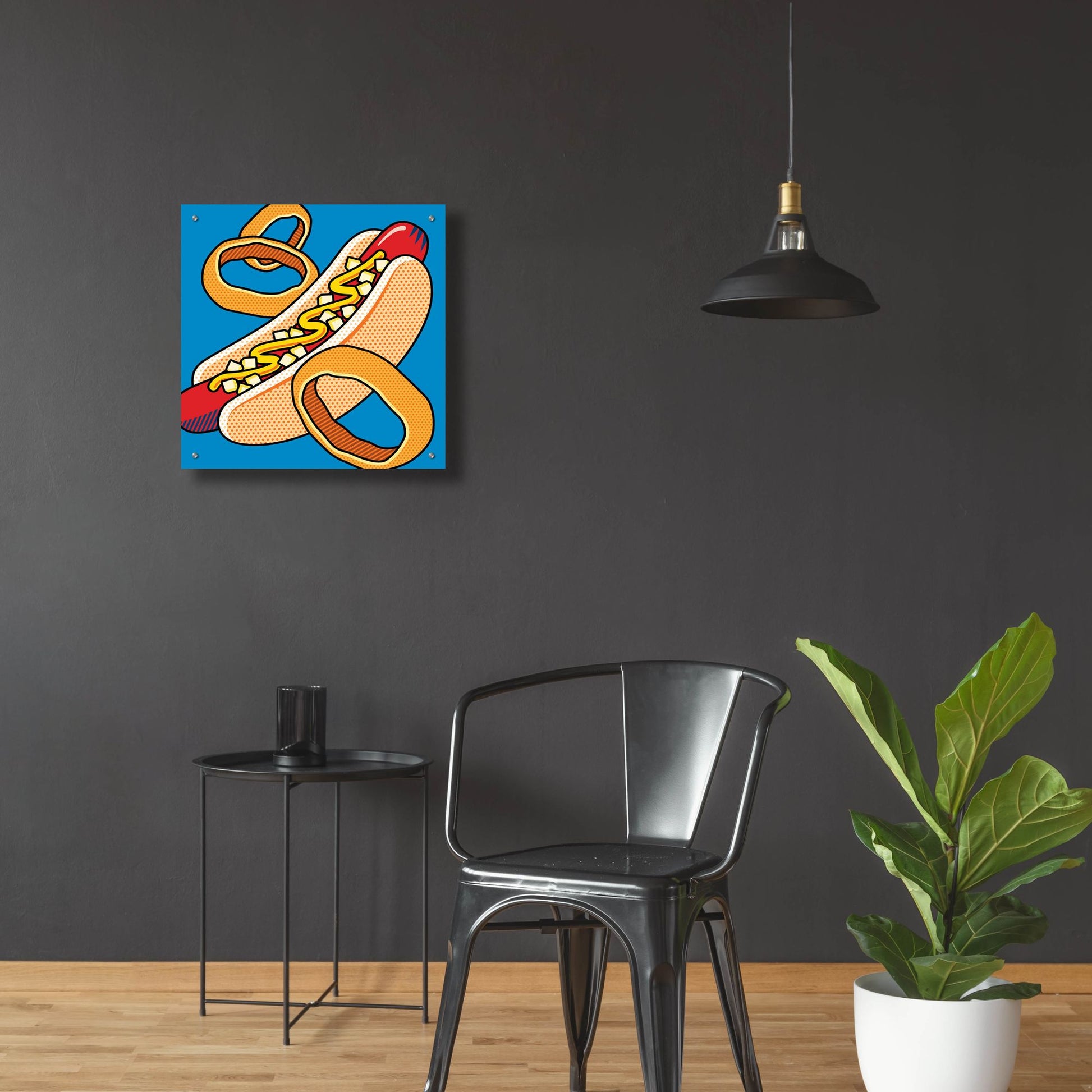 Epic Art 'Hot Dog Onion Rings On Blue' by Ron Magnes, Acrylic Glass Wall Art,24x24
