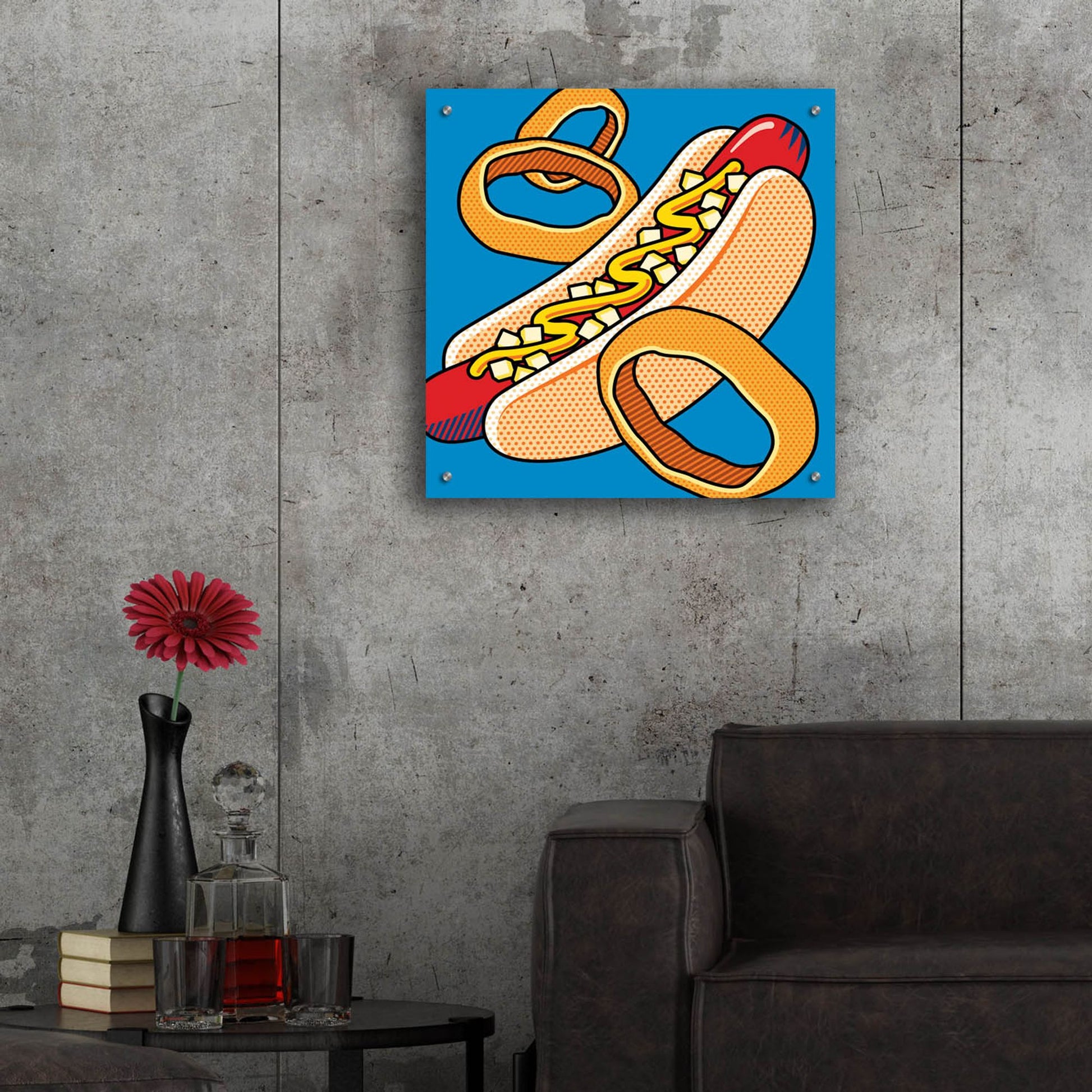 Epic Art 'Hot Dog Onion Rings On Blue' by Ron Magnes, Acrylic Glass Wall Art,24x24