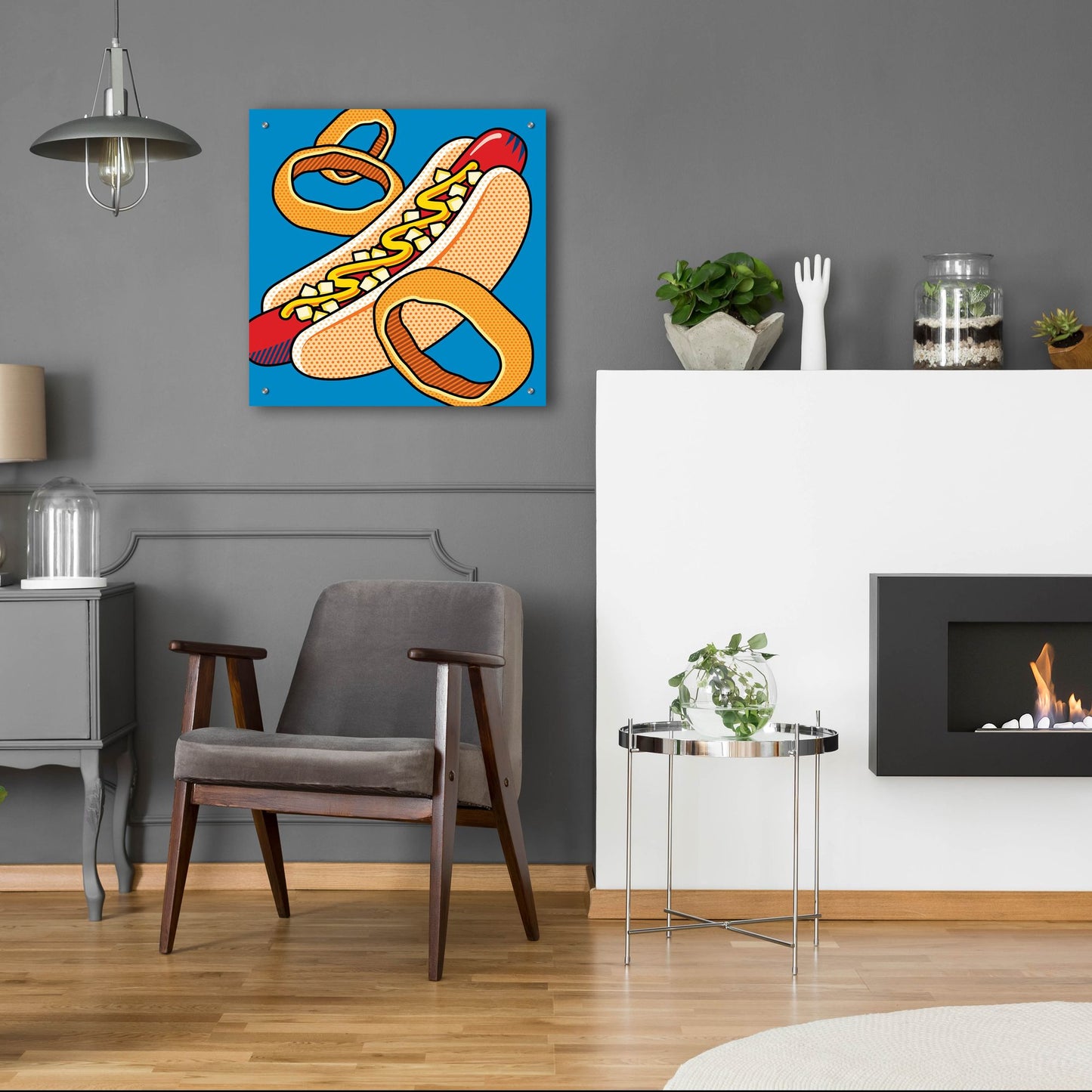 Epic Art 'Hot Dog Onion Rings On Blue' by Ron Magnes, Acrylic Glass Wall Art,24x24