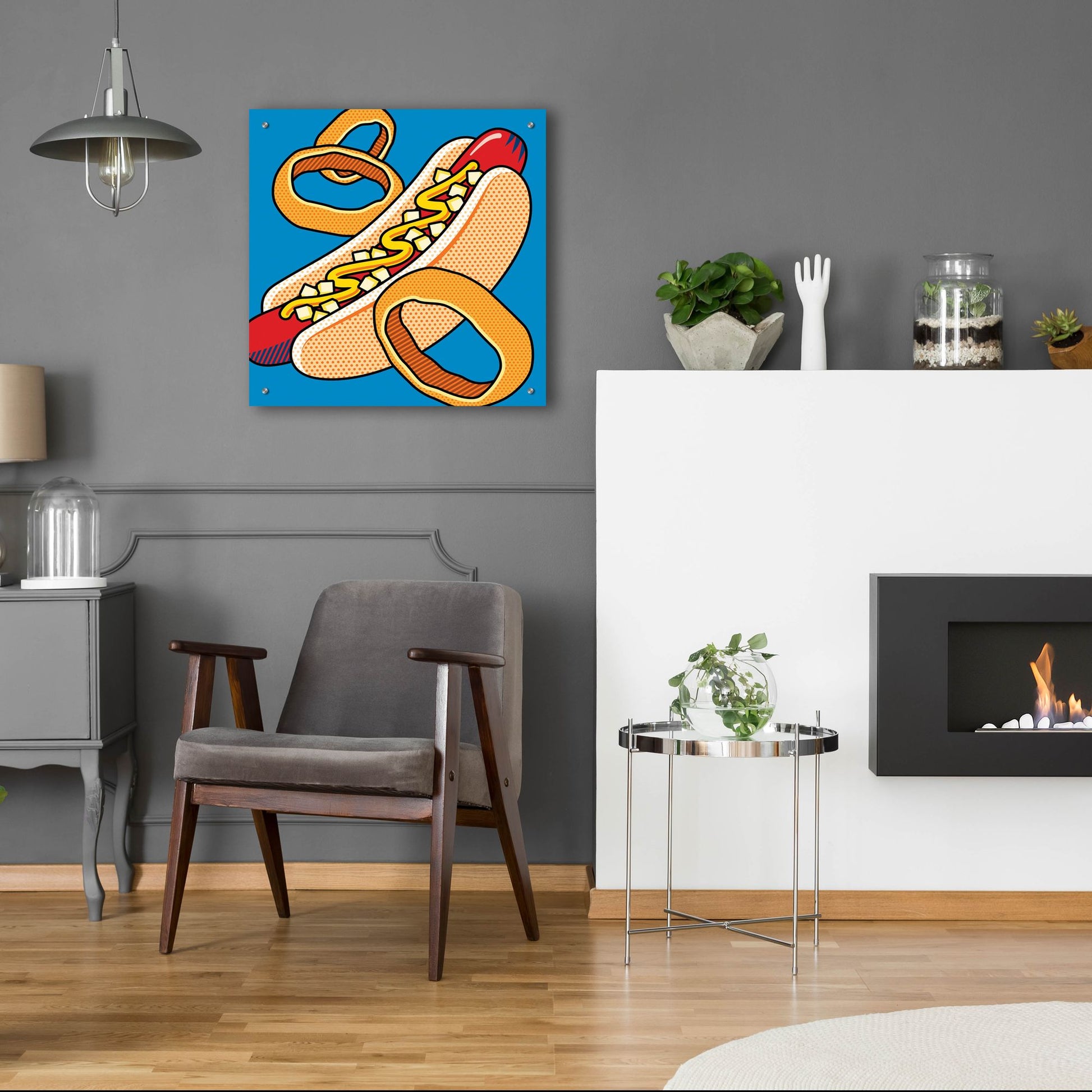 Epic Art 'Hot Dog Onion Rings On Blue' by Ron Magnes, Acrylic Glass Wall Art,24x24