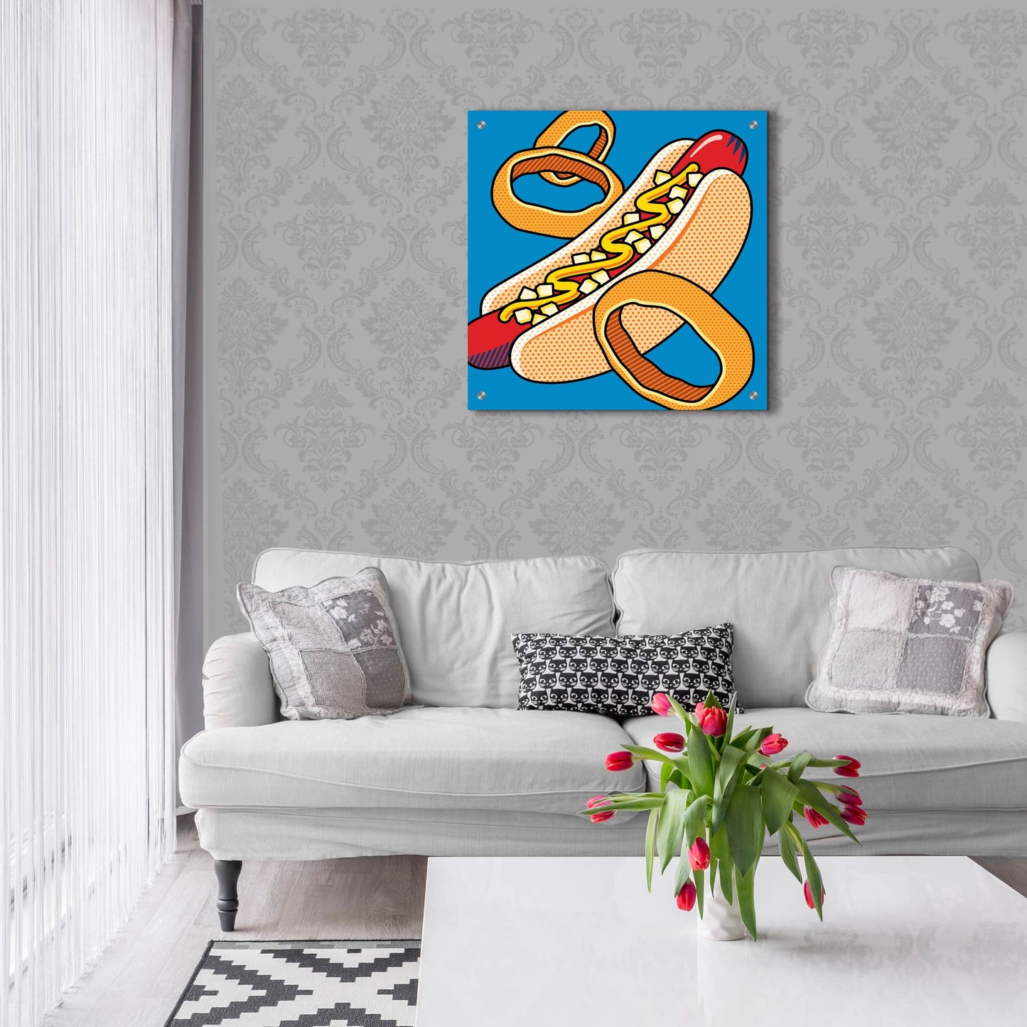 Epic Art 'Hot Dog Onion Rings On Blue' by Ron Magnes, Acrylic Glass Wall Art,24x24