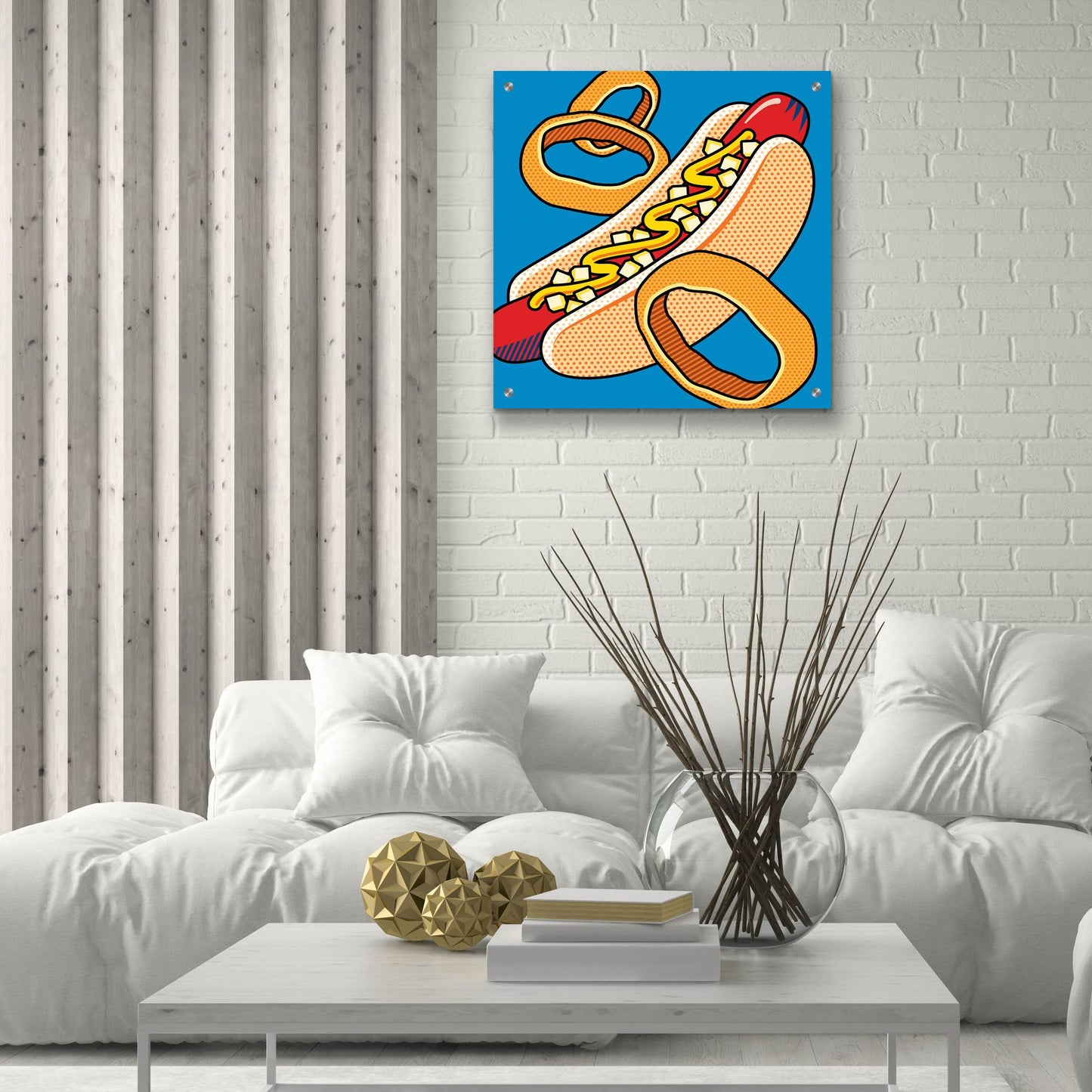 Epic Art 'Hot Dog Onion Rings On Blue' by Ron Magnes, Acrylic Glass Wall Art,24x24
