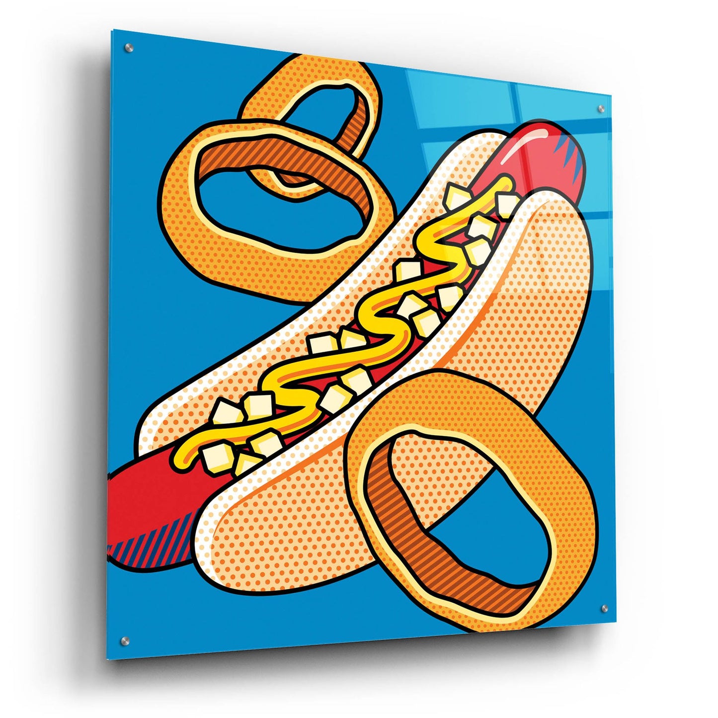 Epic Art 'Hot Dog Onion Rings On Blue' by Ron Magnes, Acrylic Glass Wall Art,36x36