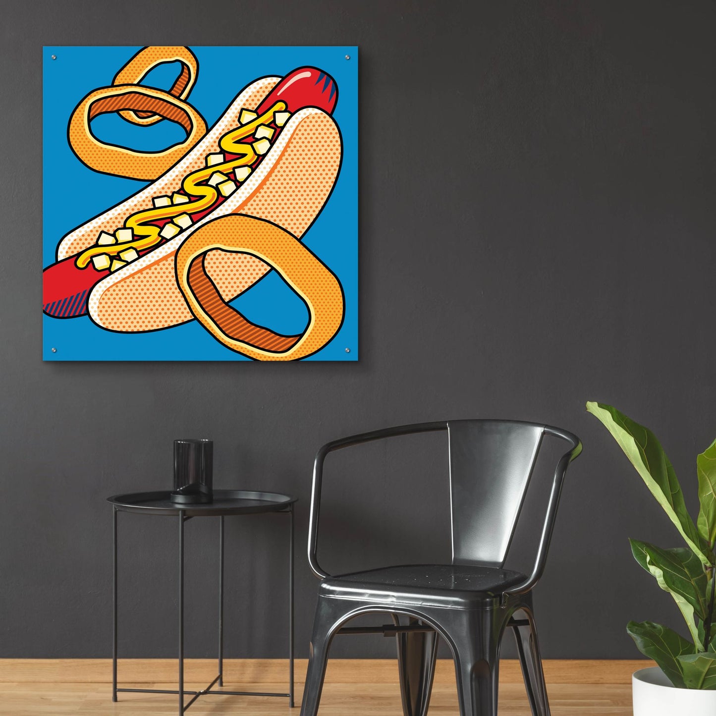 Epic Art 'Hot Dog Onion Rings On Blue' by Ron Magnes, Acrylic Glass Wall Art,36x36