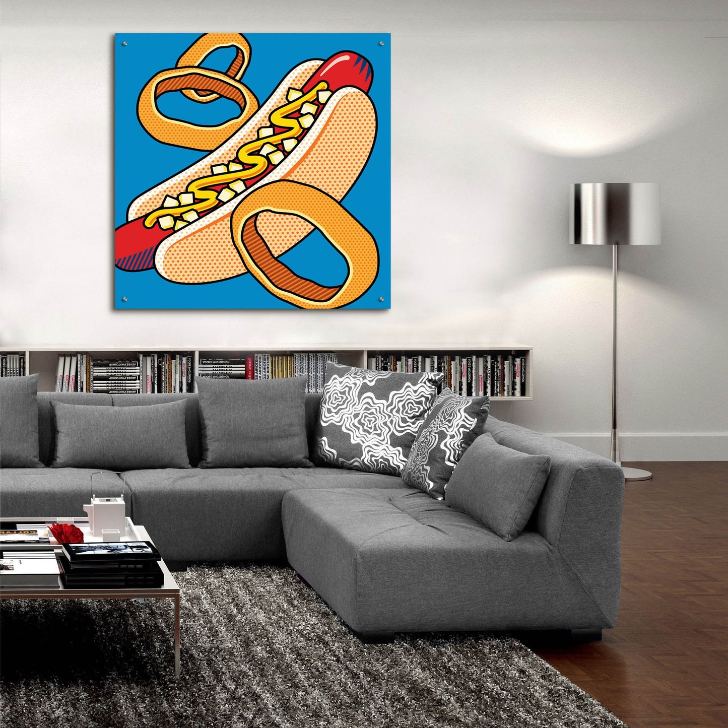 Epic Art 'Hot Dog Onion Rings On Blue' by Ron Magnes, Acrylic Glass Wall Art,36x36