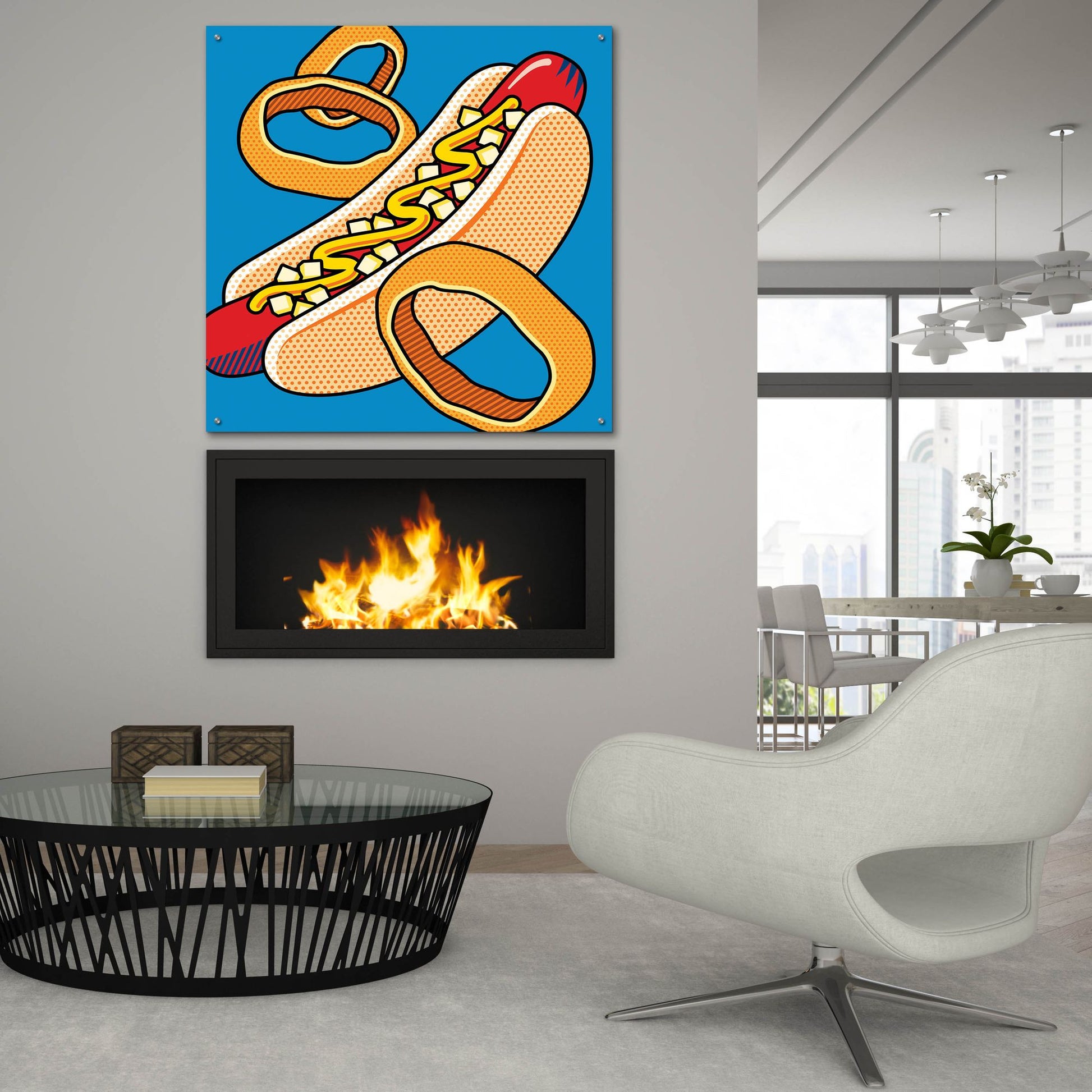 Epic Art 'Hot Dog Onion Rings On Blue' by Ron Magnes, Acrylic Glass Wall Art,36x36