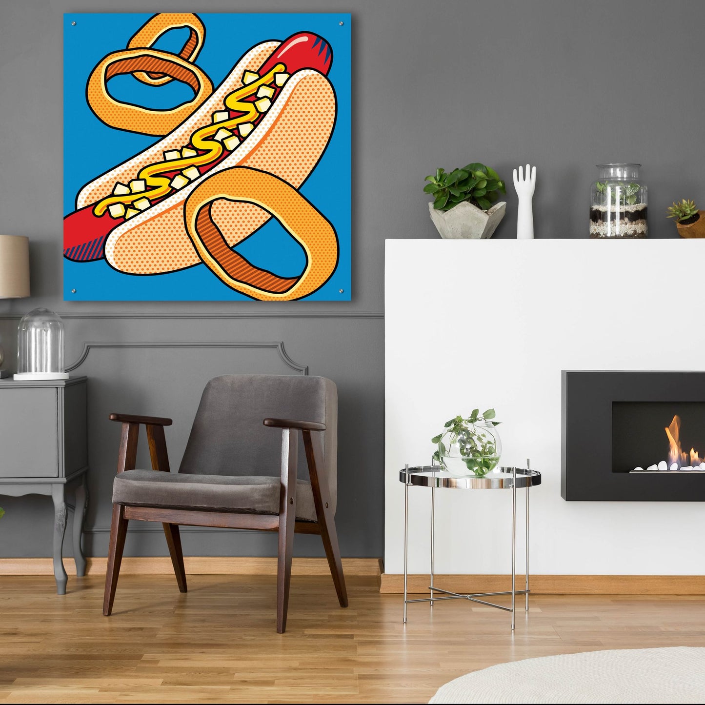Epic Art 'Hot Dog Onion Rings On Blue' by Ron Magnes, Acrylic Glass Wall Art,36x36