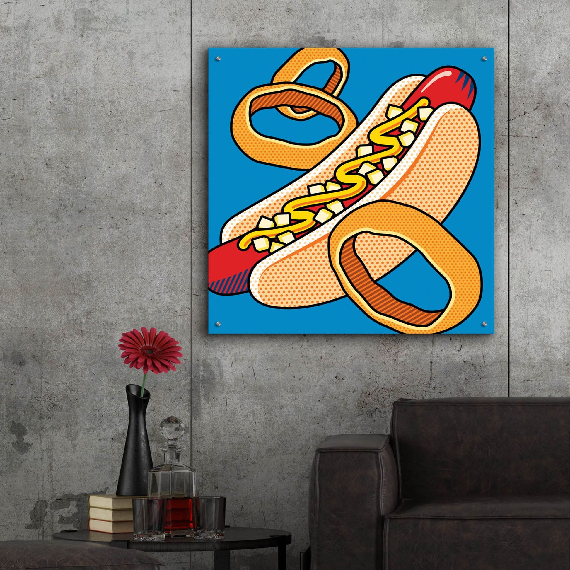 Epic Art 'Hot Dog Onion Rings On Blue' by Ron Magnes, Acrylic Glass Wall Art,36x36