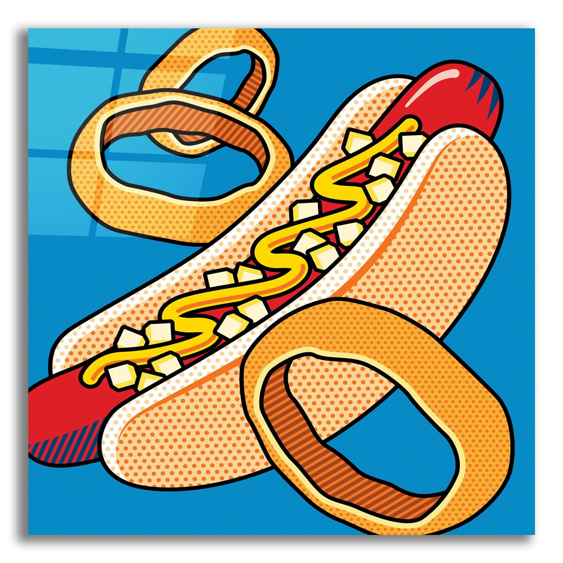 Epic Art 'Hot Dog Onion Rings On Blue' by Ron Magnes, Acrylic Glass Wall Art