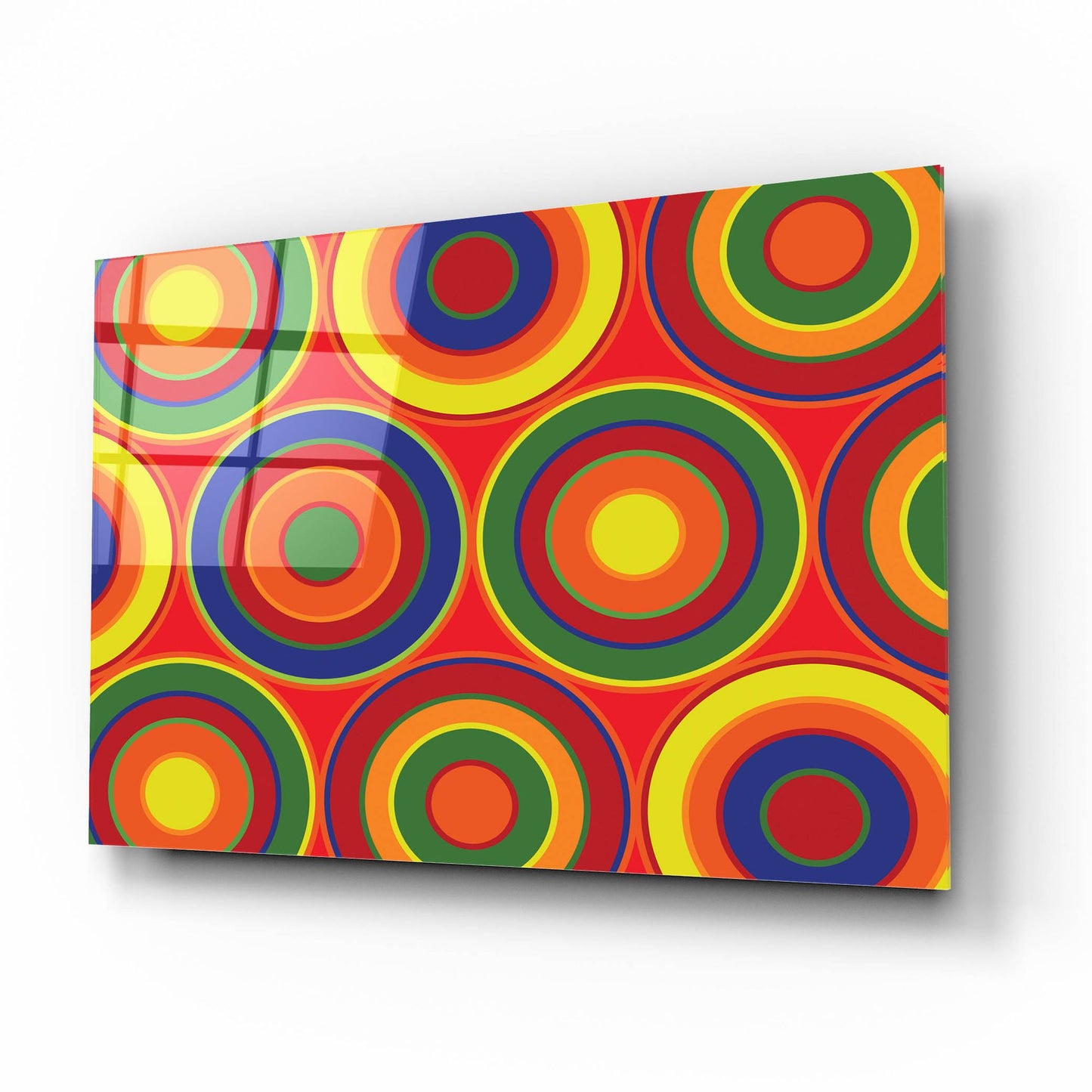 Epic Art 'Circles Abstract On Red' by Ron Magnes, Acrylic Glass Wall Art,16x12