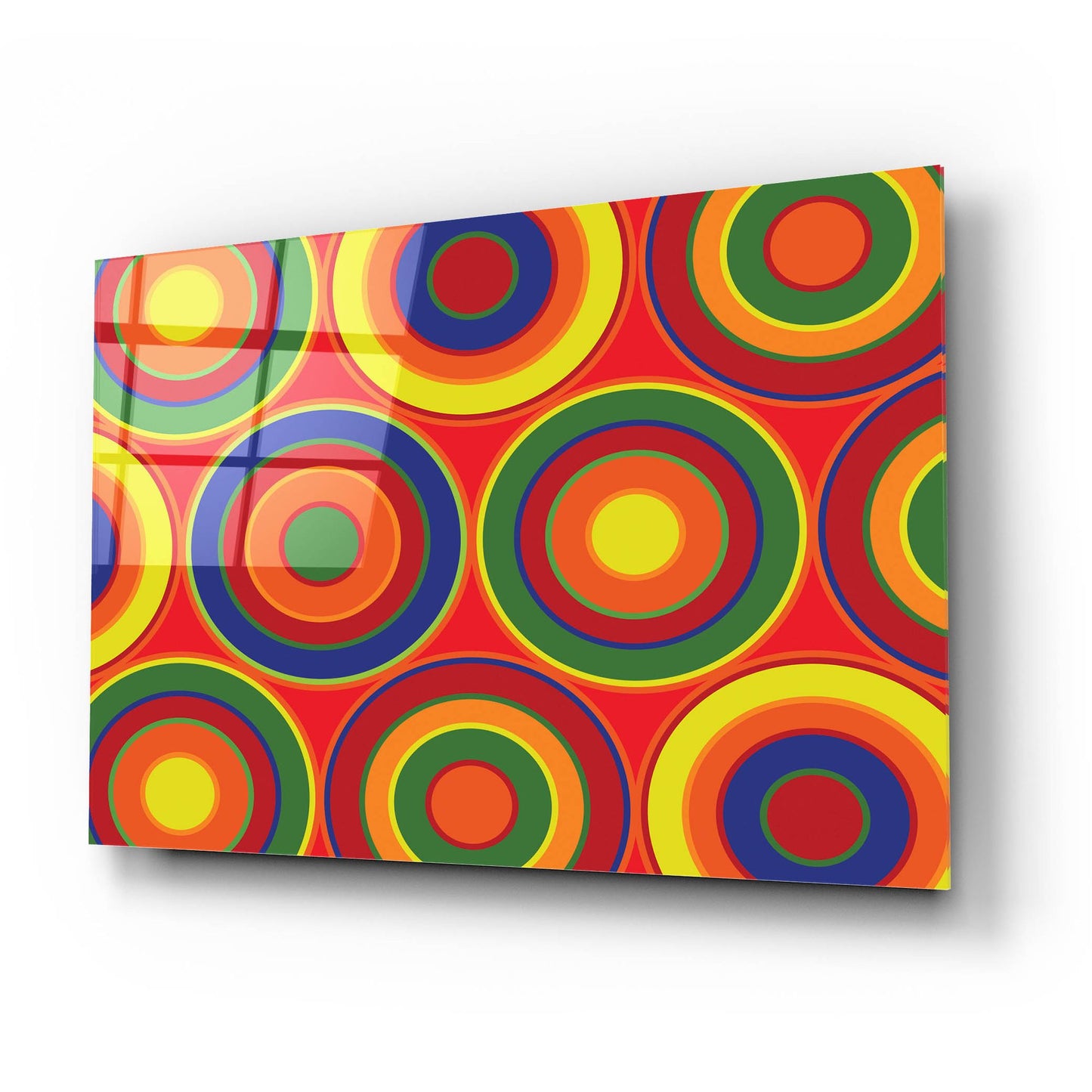 Epic Art 'Circles Abstract On Red' by Ron Magnes, Acrylic Glass Wall Art,24x16