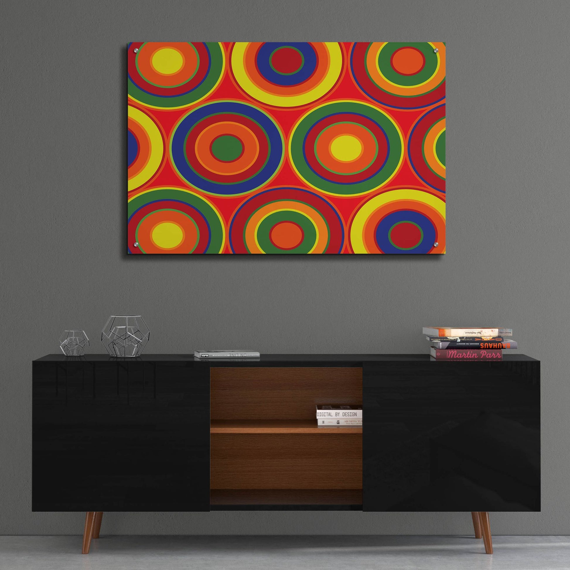 Epic Art 'Circles Abstract On Red' by Ron Magnes, Acrylic Glass Wall Art,36x24