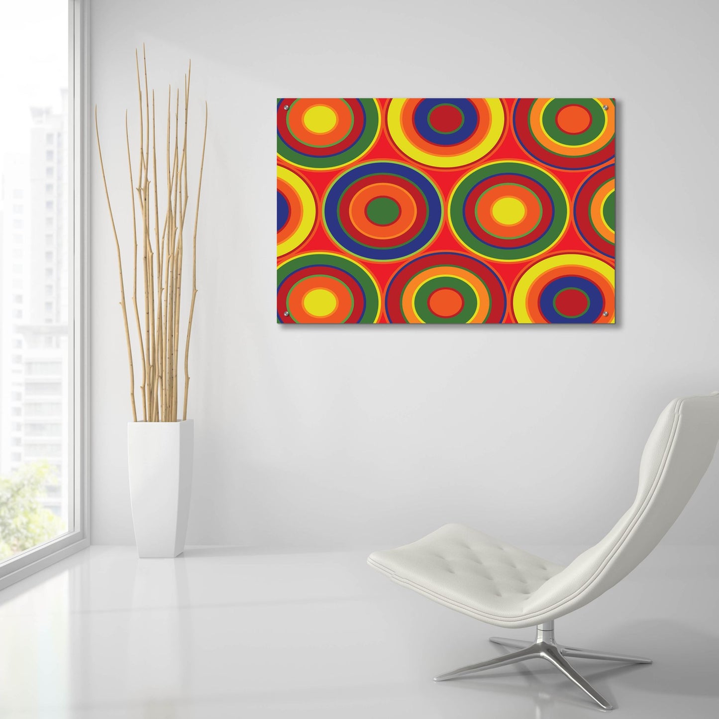 Epic Art 'Circles Abstract On Red' by Ron Magnes, Acrylic Glass Wall Art,36x24