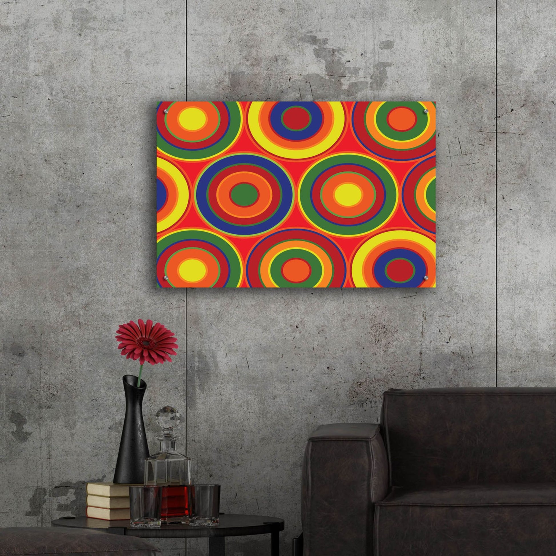 Epic Art 'Circles Abstract On Red' by Ron Magnes, Acrylic Glass Wall Art,36x24