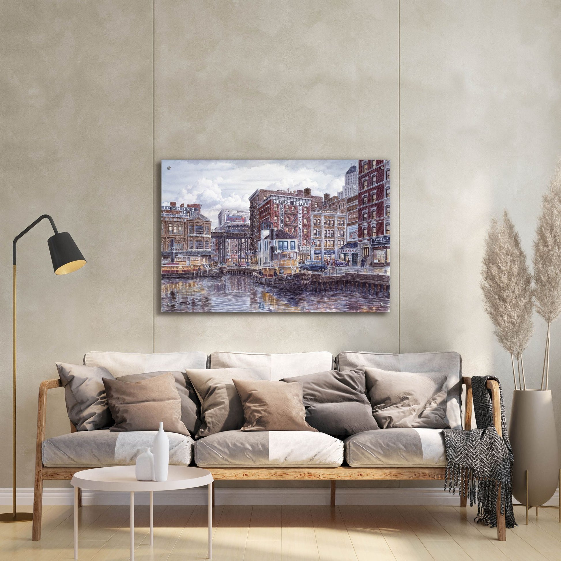 Epic Art 'Tugboats And Tenements' by Stanton Manolakas, Acrylic Glass Wall Art,36x24