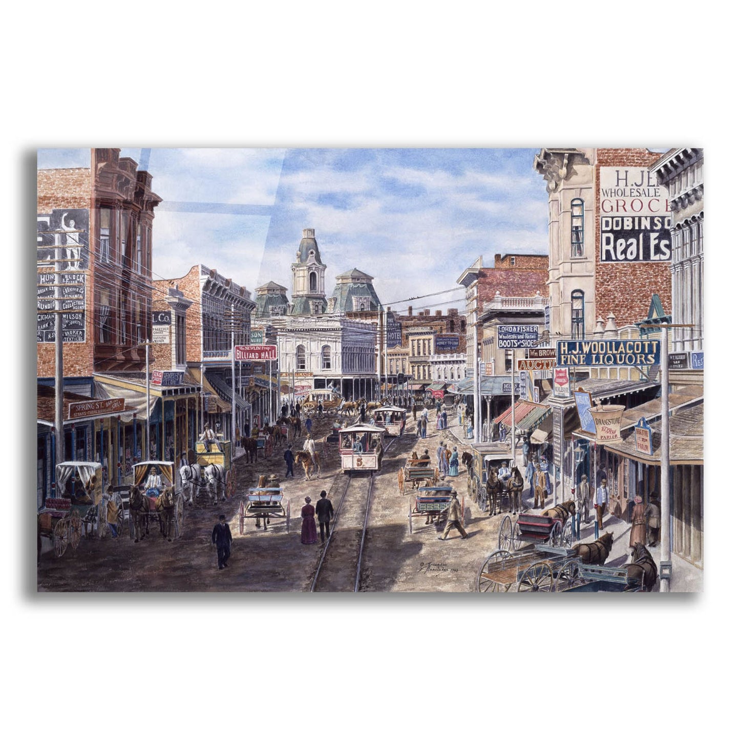 Epic Art 'Rush Hour Los Angeles, Spring St. Looking North' by Stanton Manolakas, Acrylic Glass Wall Art,16x12