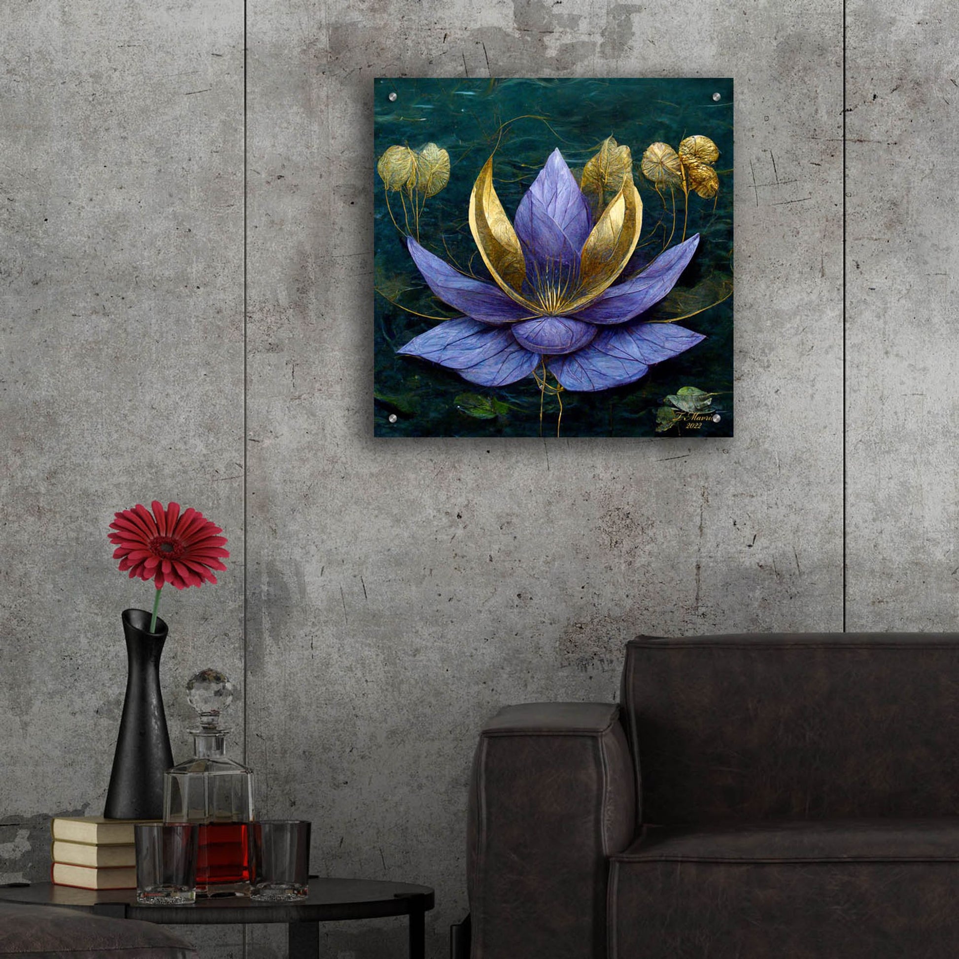 Epic Art 'Golden Blue Lotus' by Tanya Mavric, Acrylic Glass Wall Art,24x24