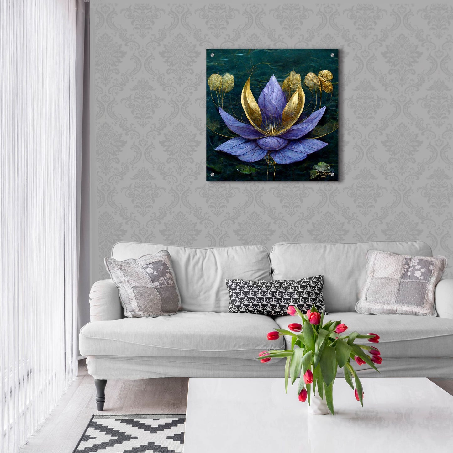 Epic Art 'Golden Blue Lotus' by Tanya Mavric, Acrylic Glass Wall Art,24x24